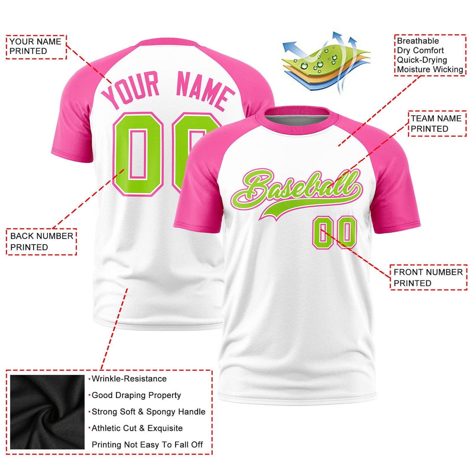 Custom White Pink Raglan Sleeves Performance T-Shirt