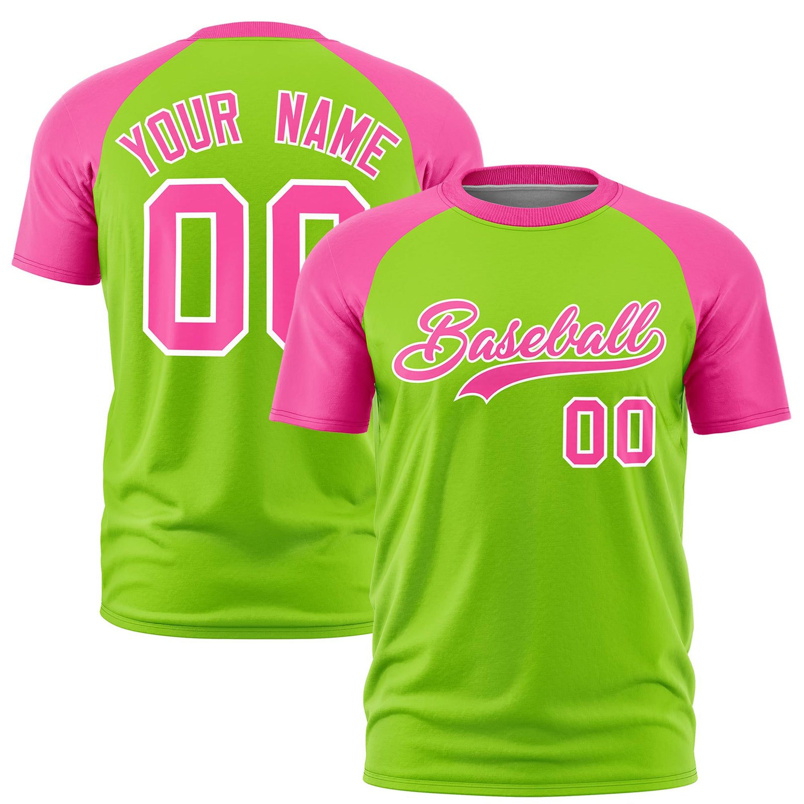 Custom Neon Green Pink Raglan Sleeves Performance T-Shirt