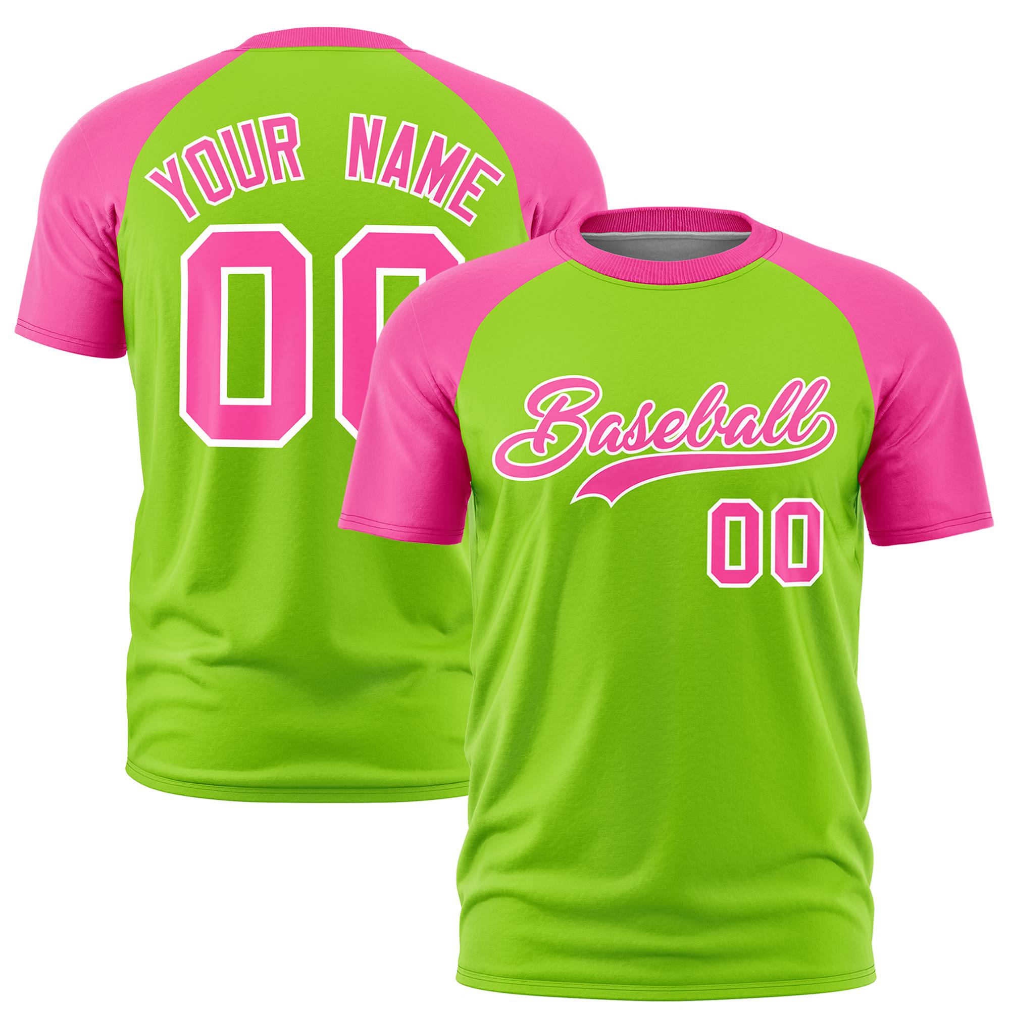 Custom Neon Green Pink Raglan Sleeves Performance T-Shirt