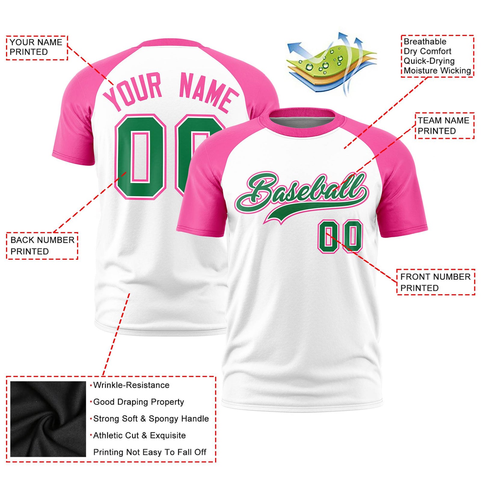 Custom White Pink Raglan Sleeves Performance T-Shirt