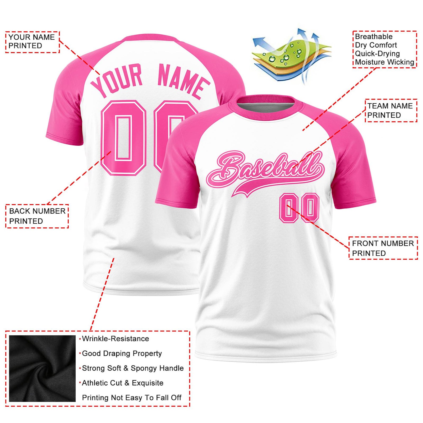 Custom White Pink Raglan Sleeves Performance T-Shirt
