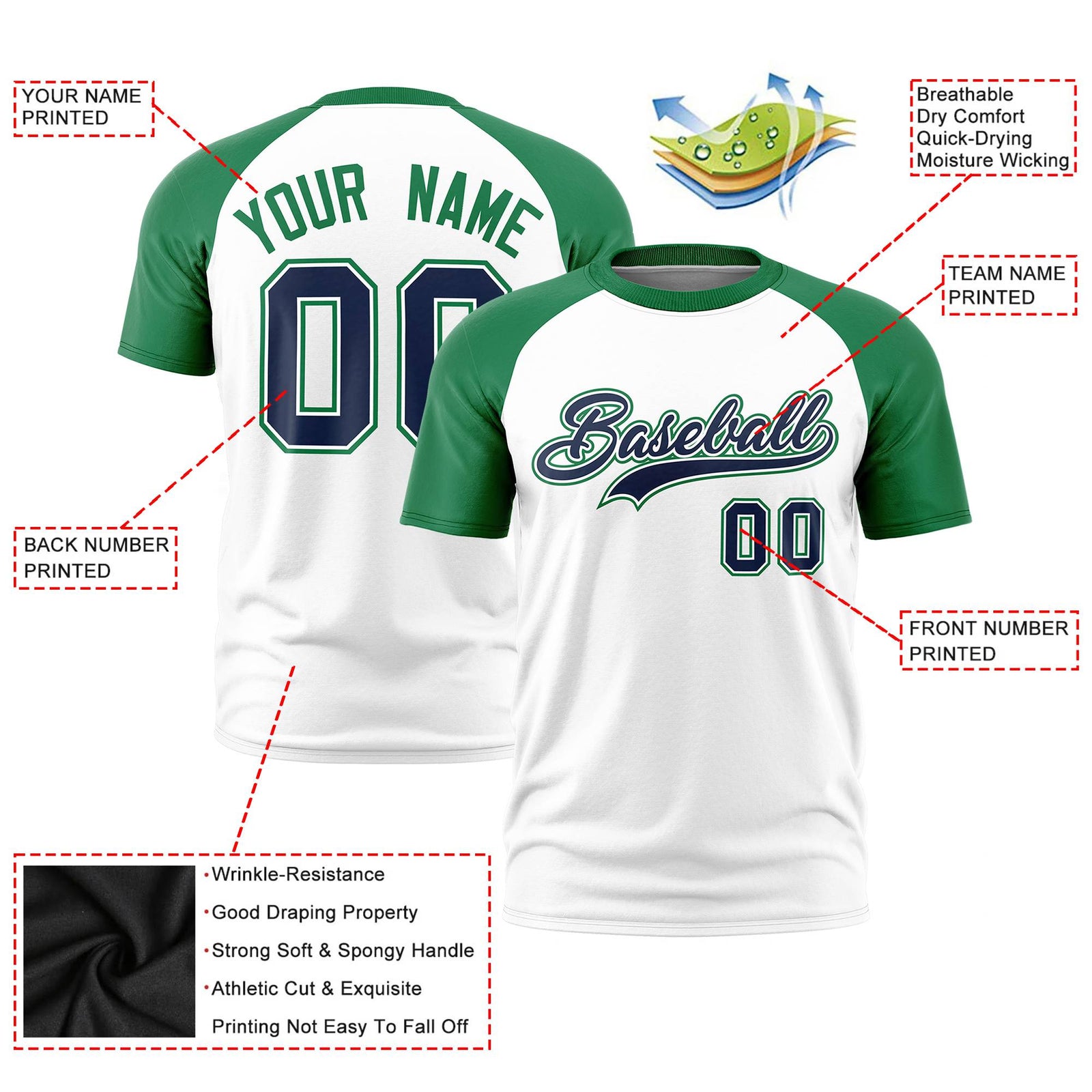 Custom White Kelly Green Raglan Sleeves Performance T-Shirt