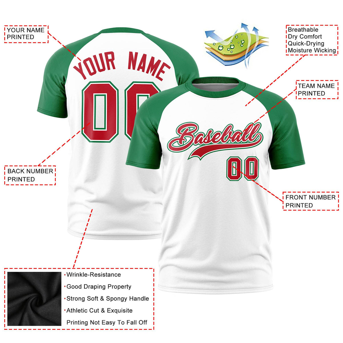 Custom White Kelly Green Raglan Sleeves Performance T-Shirt