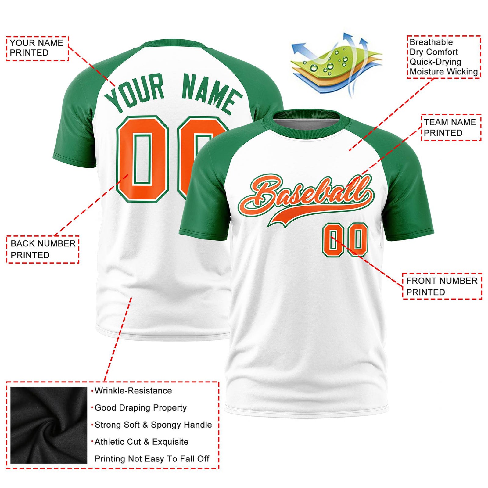 Custom White Kelly Green Raglan Sleeves Performance T-Shirt