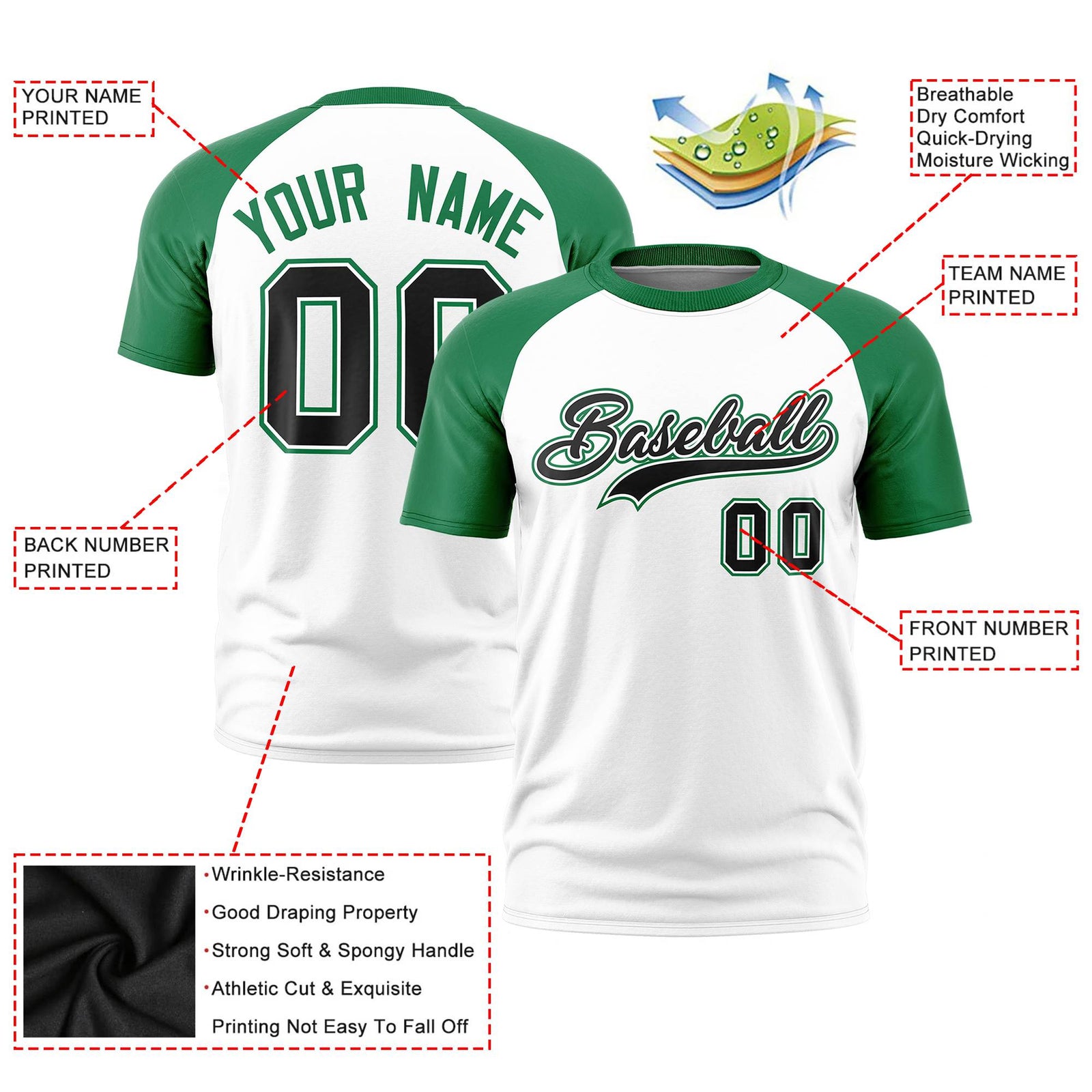 Custom White Kelly Green Raglan Sleeves Performance T-Shirt