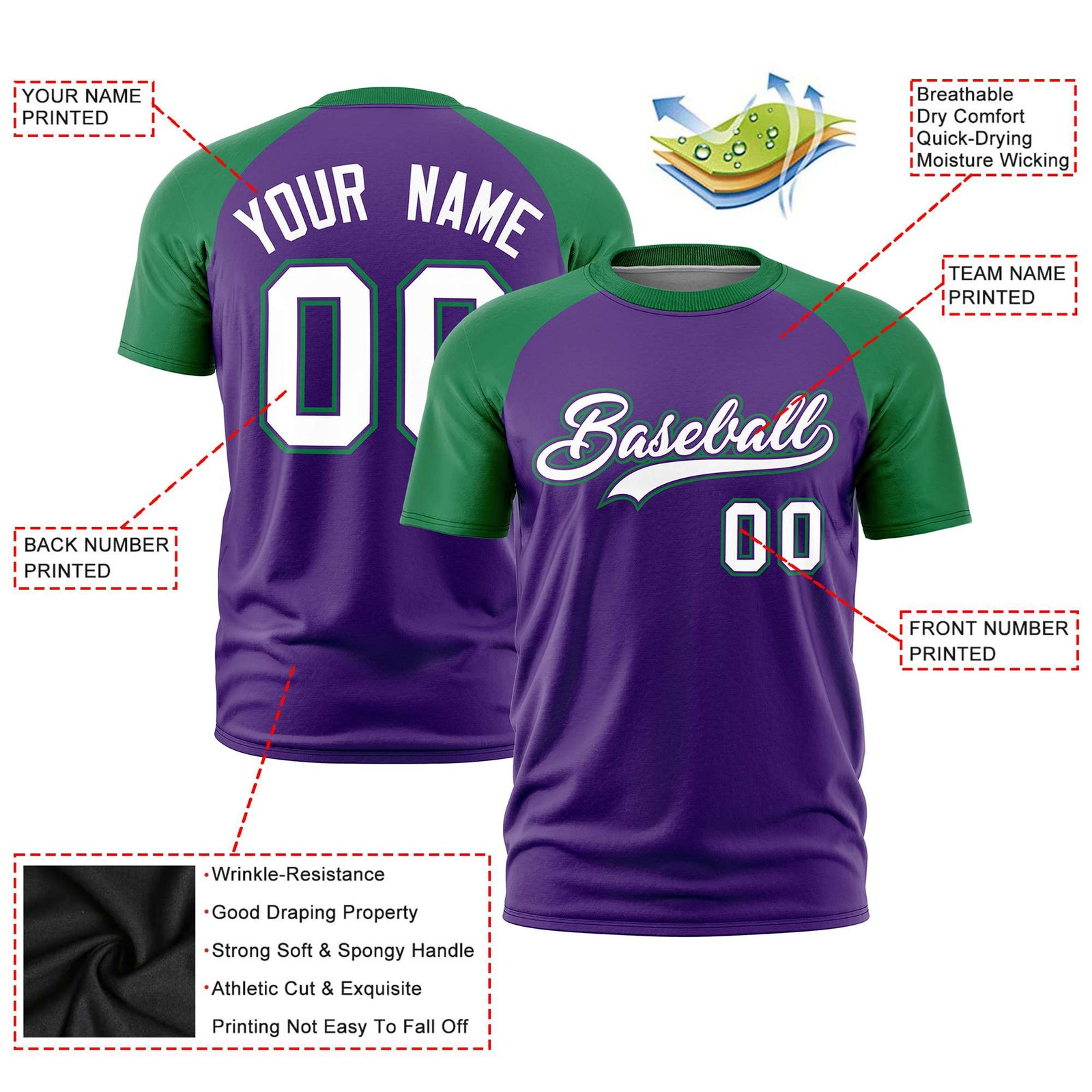 Custom Purple Kelly Green Raglan Sleeves Performance T-Shirt