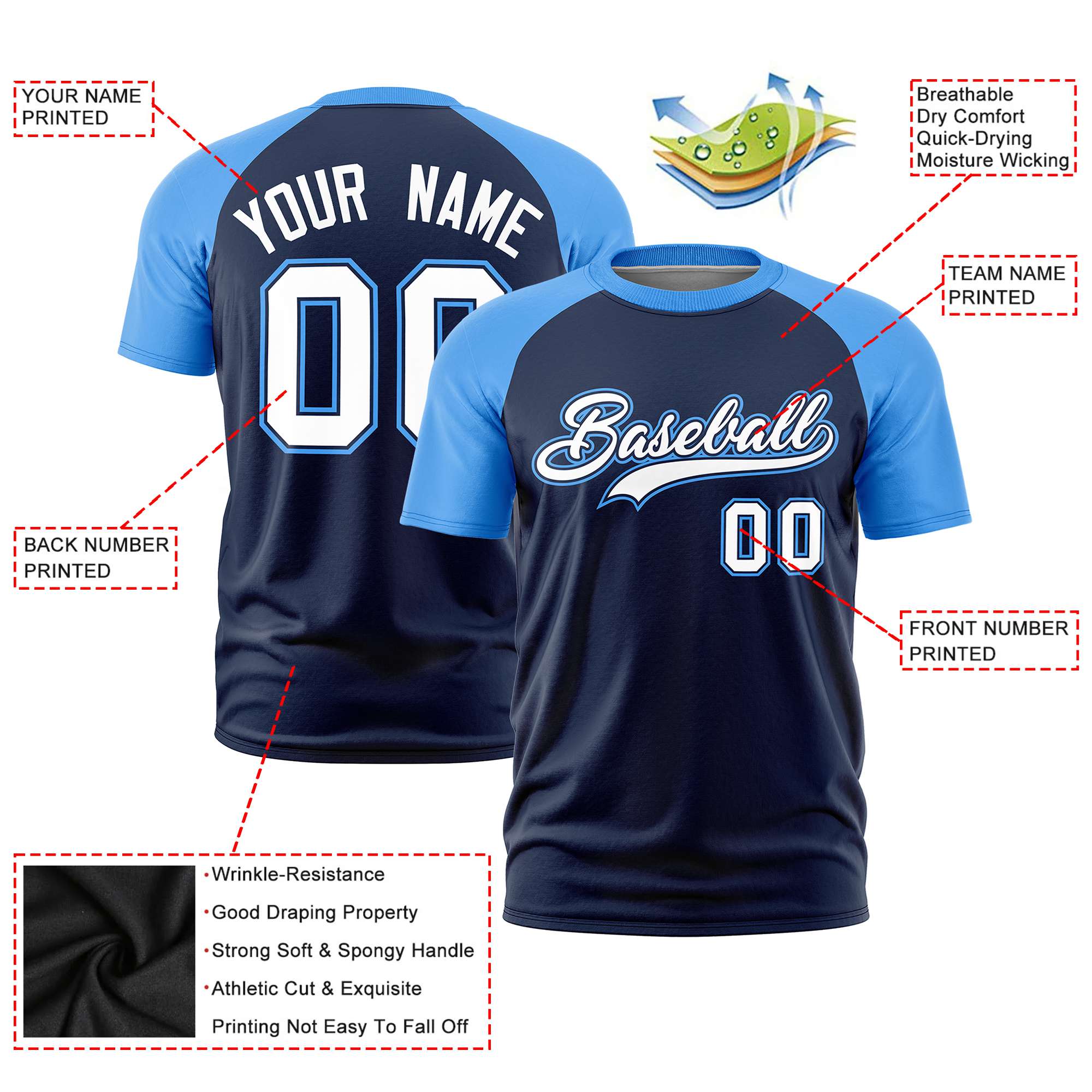 Custom Navy Powder Blue Raglan Sleeves Performance T-Shirt