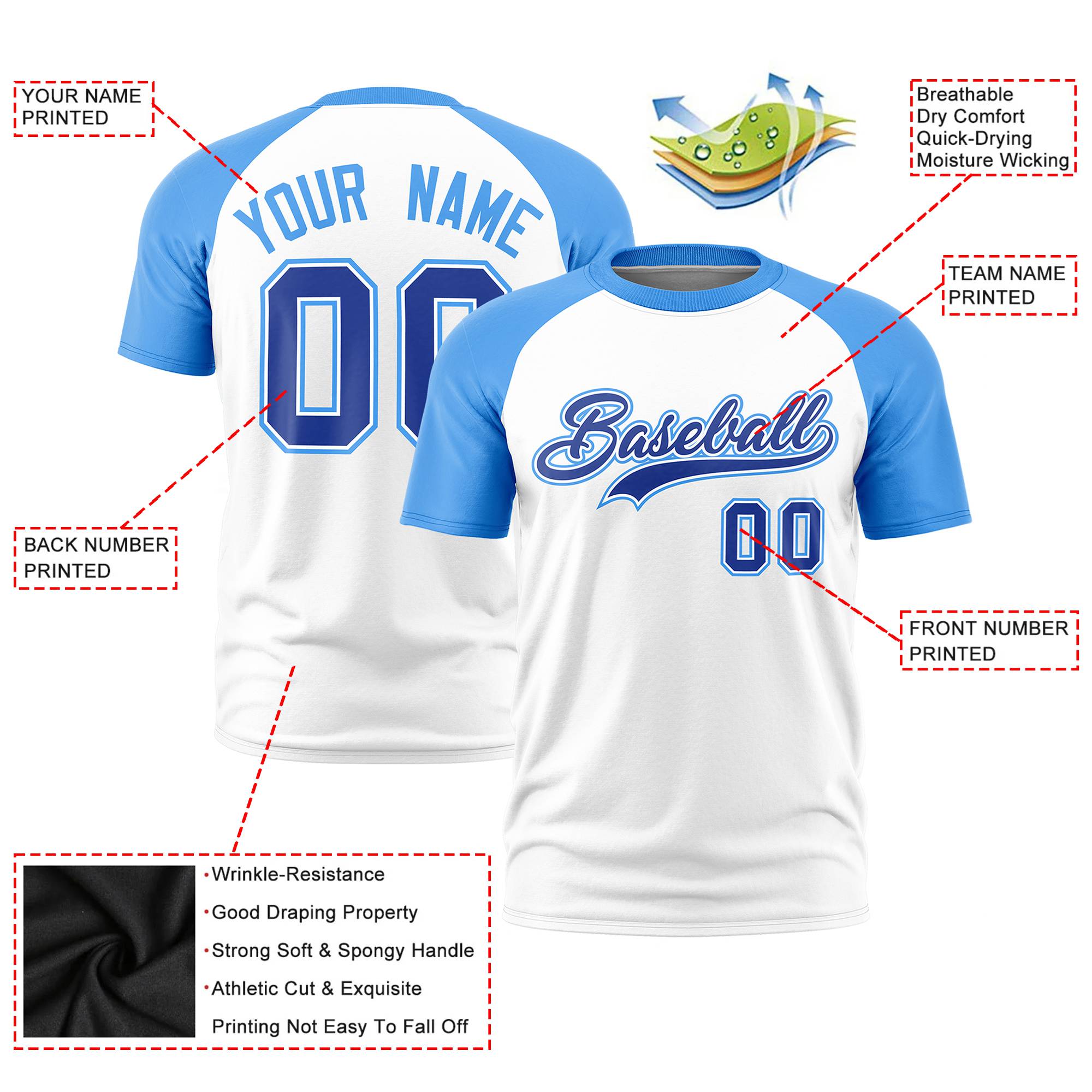 Custom White Powder Blue Raglan Sleeves Performance T-Shirt