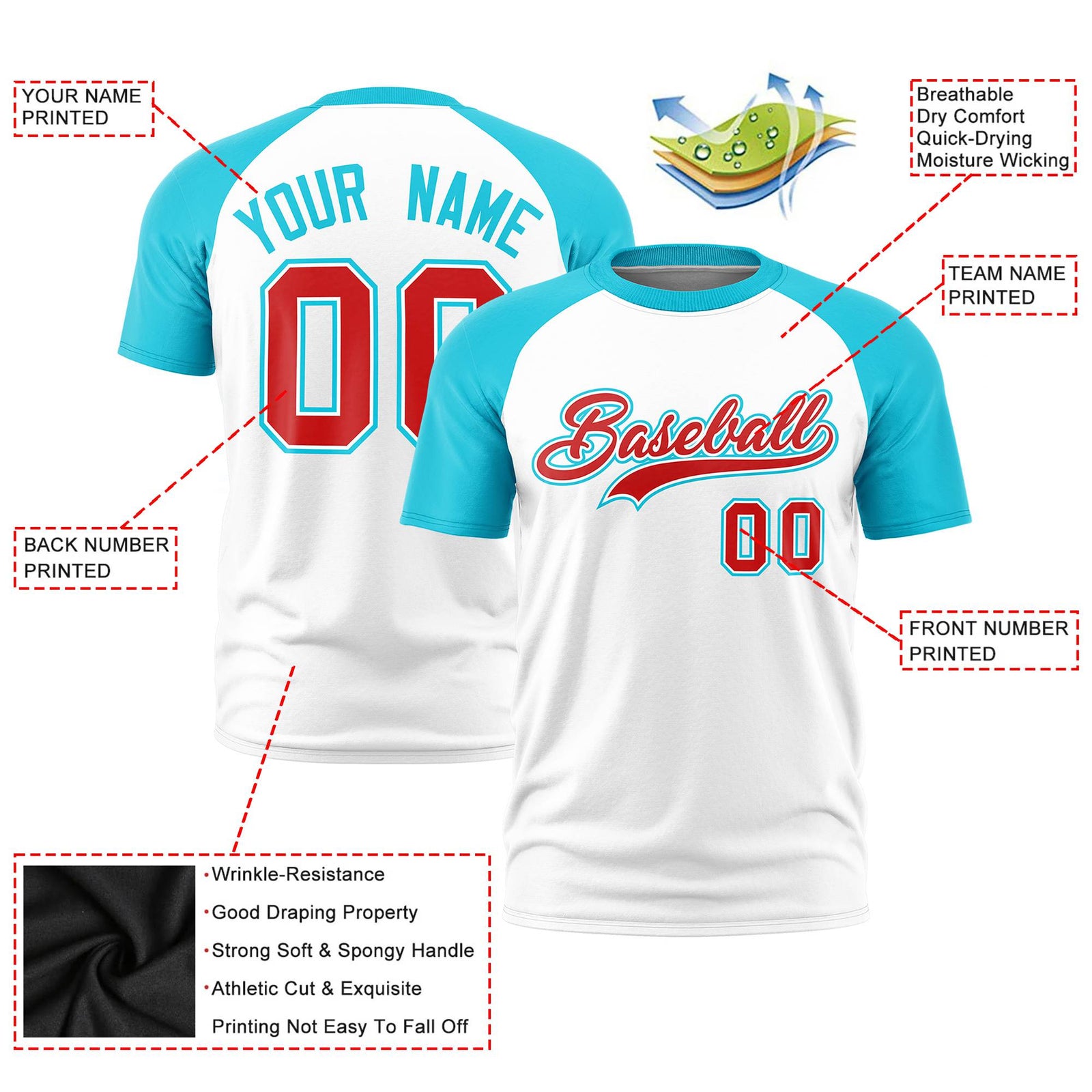 Custom White Sky Blue Raglan Sleeves Performance T-Shirt