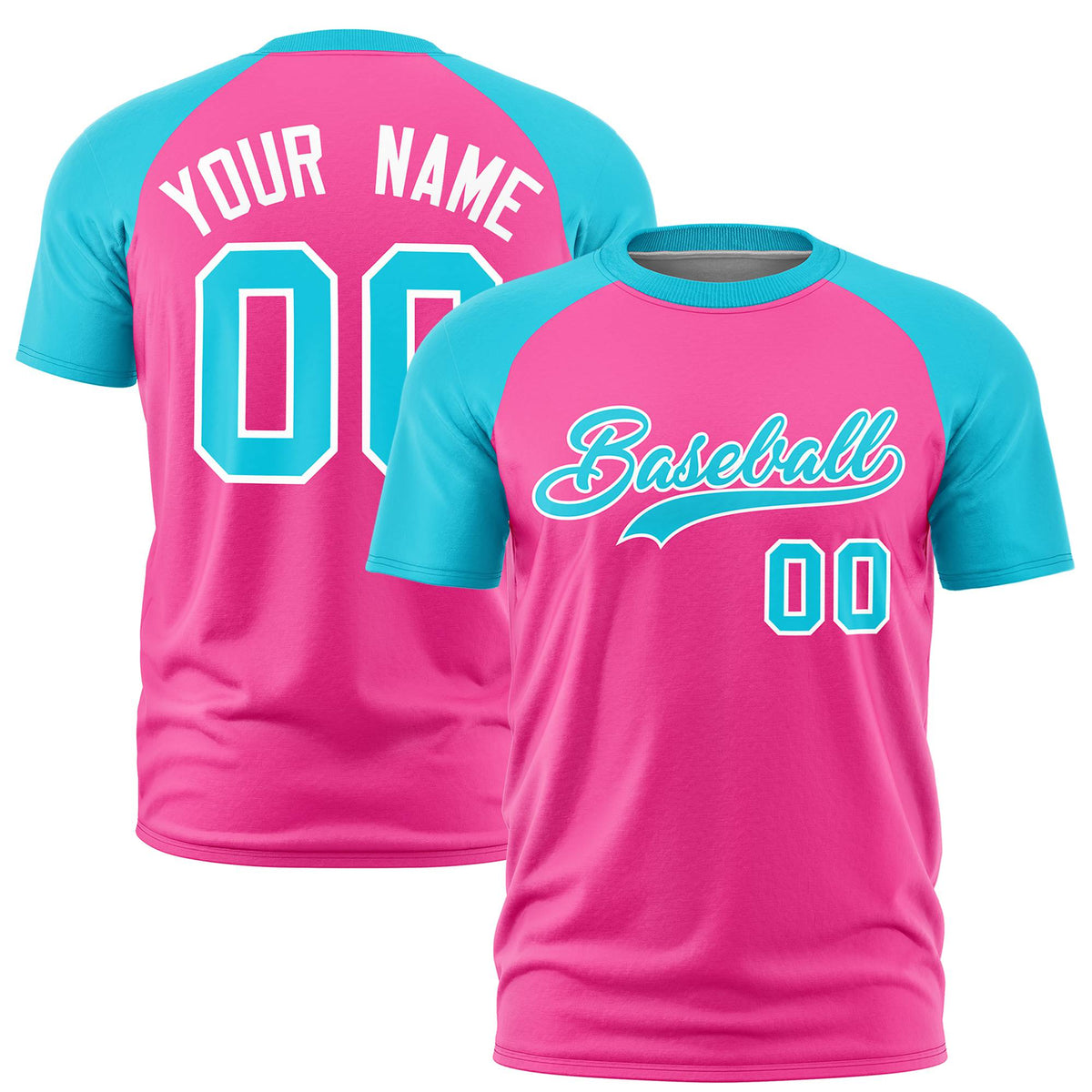 Custom Pink Sky Blue Raglan Sleeves Performance T-Shirt