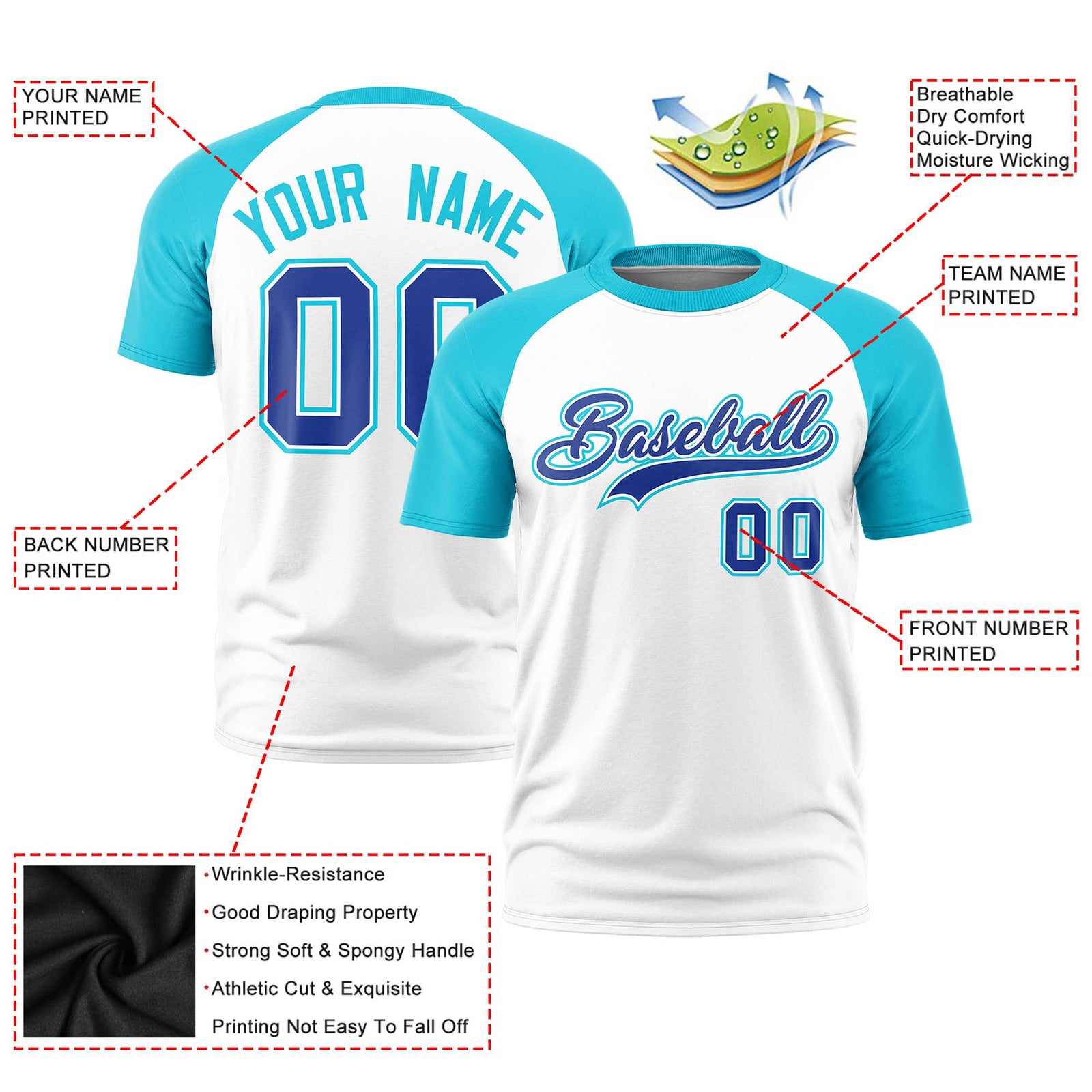 Custom White Sky Blue Raglan Sleeves Performance T-Shirt