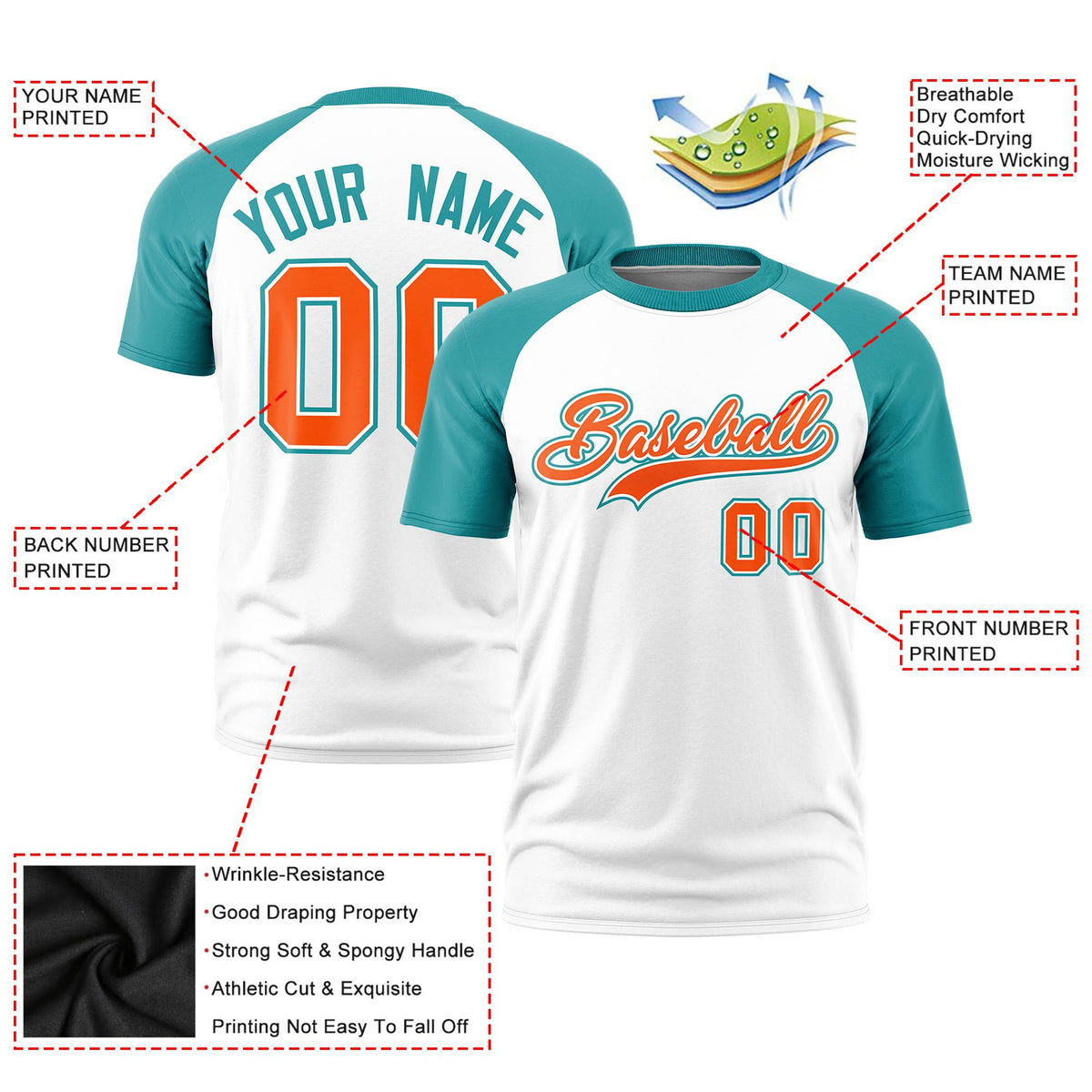 Custom White Aqua Raglan Sleeves Performance T-Shirt