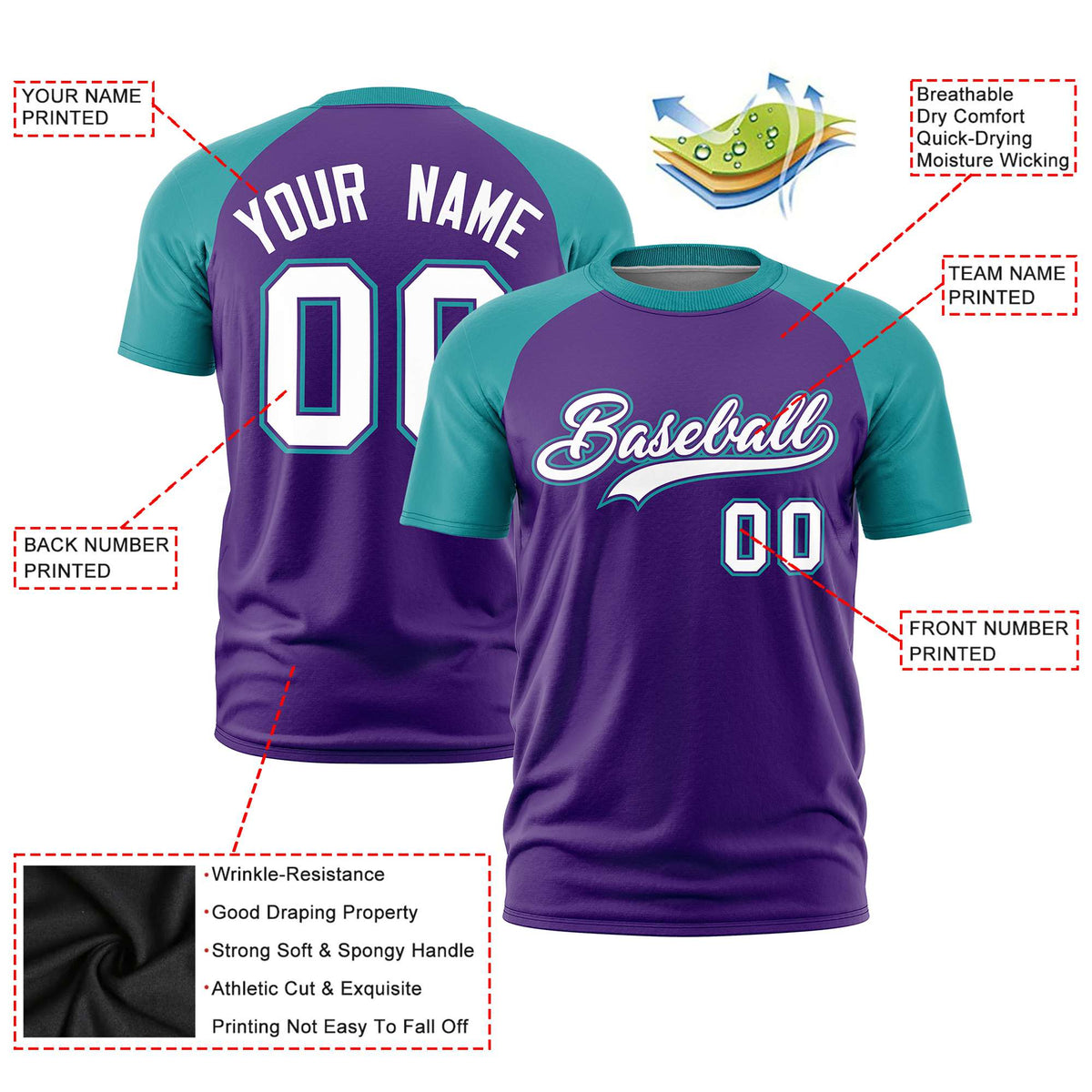 Custom Purple Aqua Raglan Sleeves Performance T-Shirt