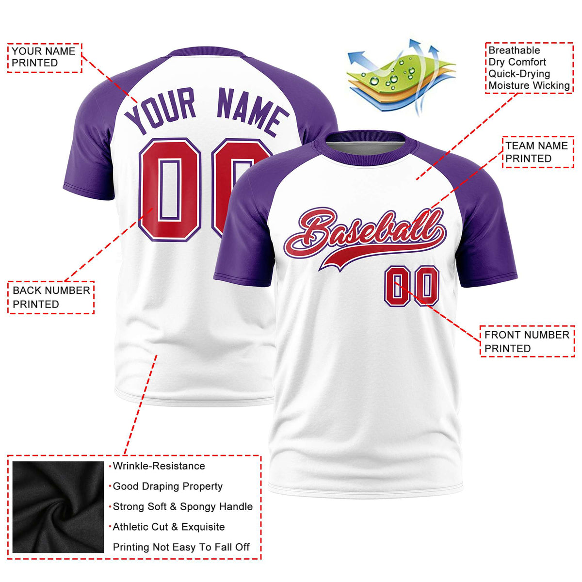 Custom White Purple Raglan Sleeves Performance T-Shirt