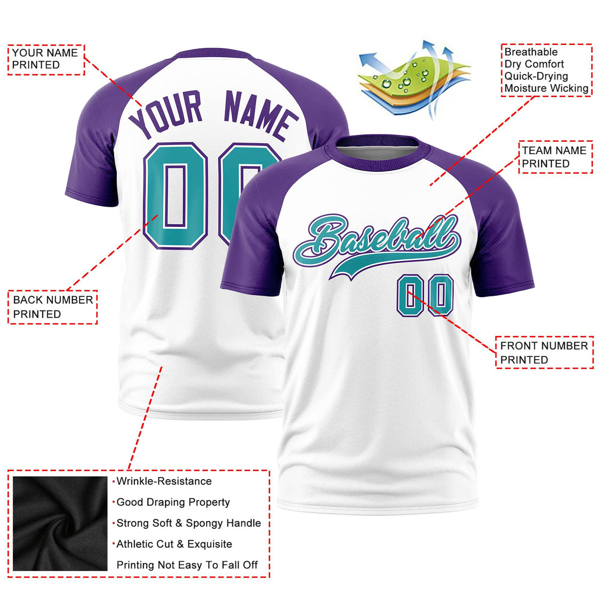 Custom White Purple Raglan Sleeves Performance T-Shirt