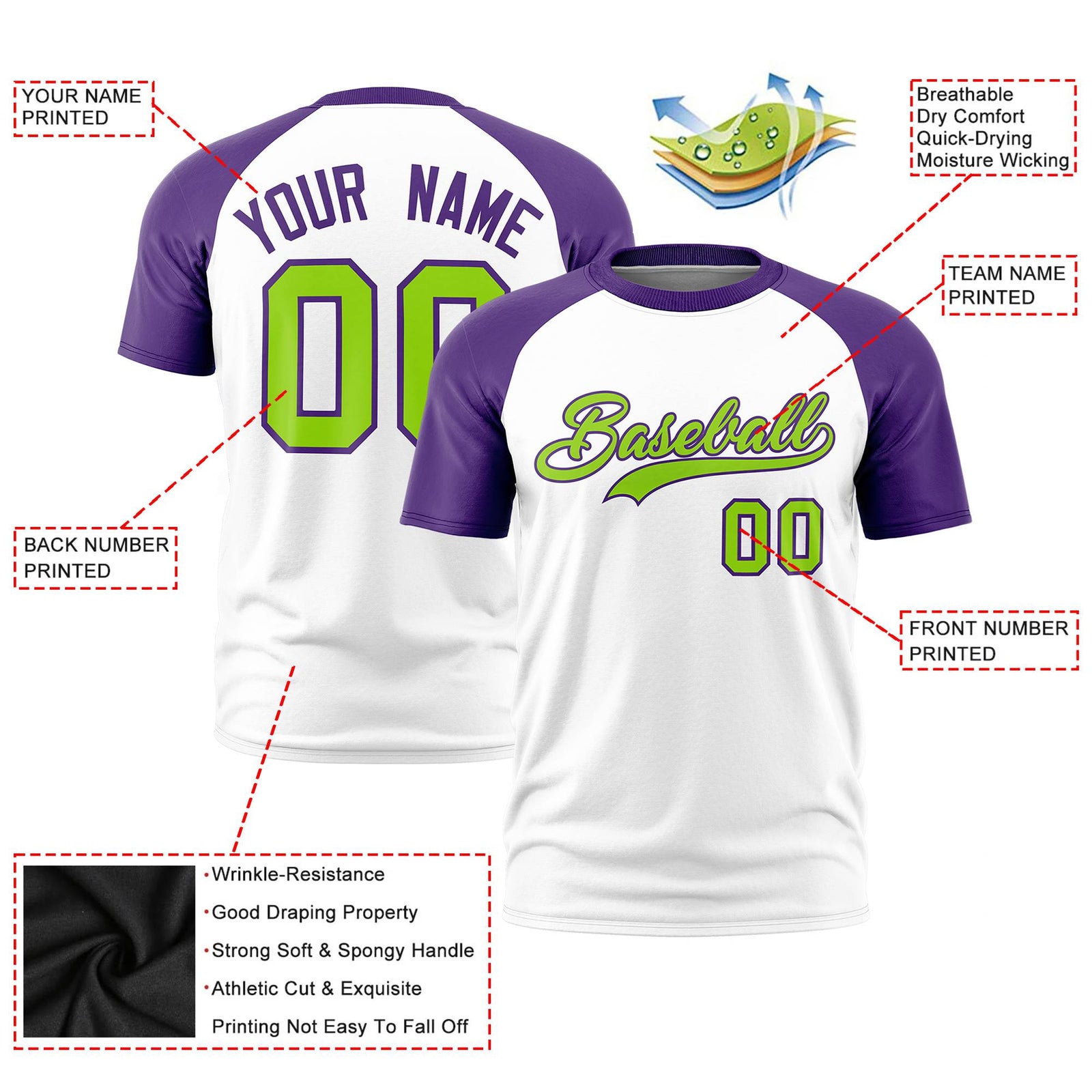 Custom White Purple Raglan Sleeves Performance T-Shirt