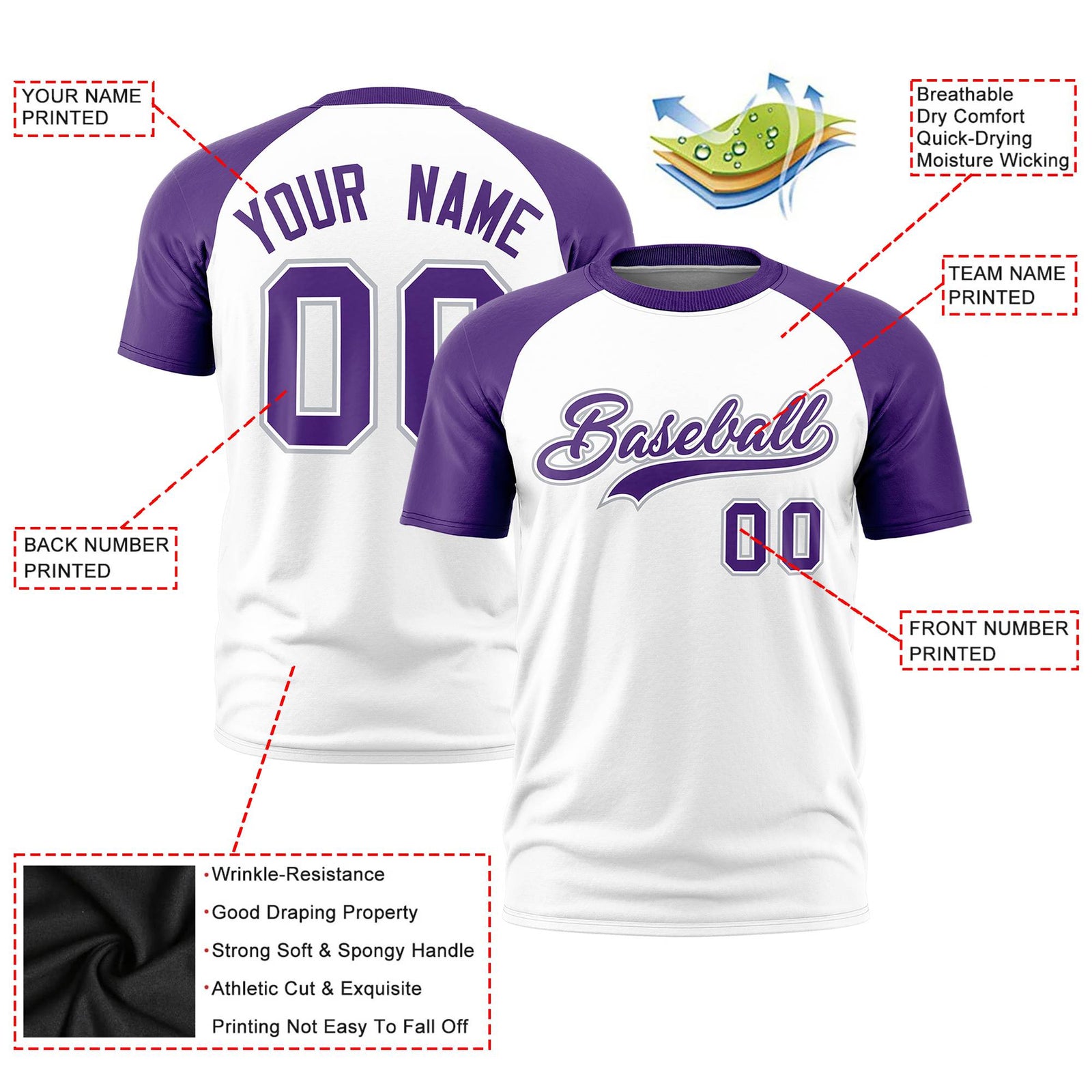 Custom White Purple Raglan Sleeves Performance T-Shirt