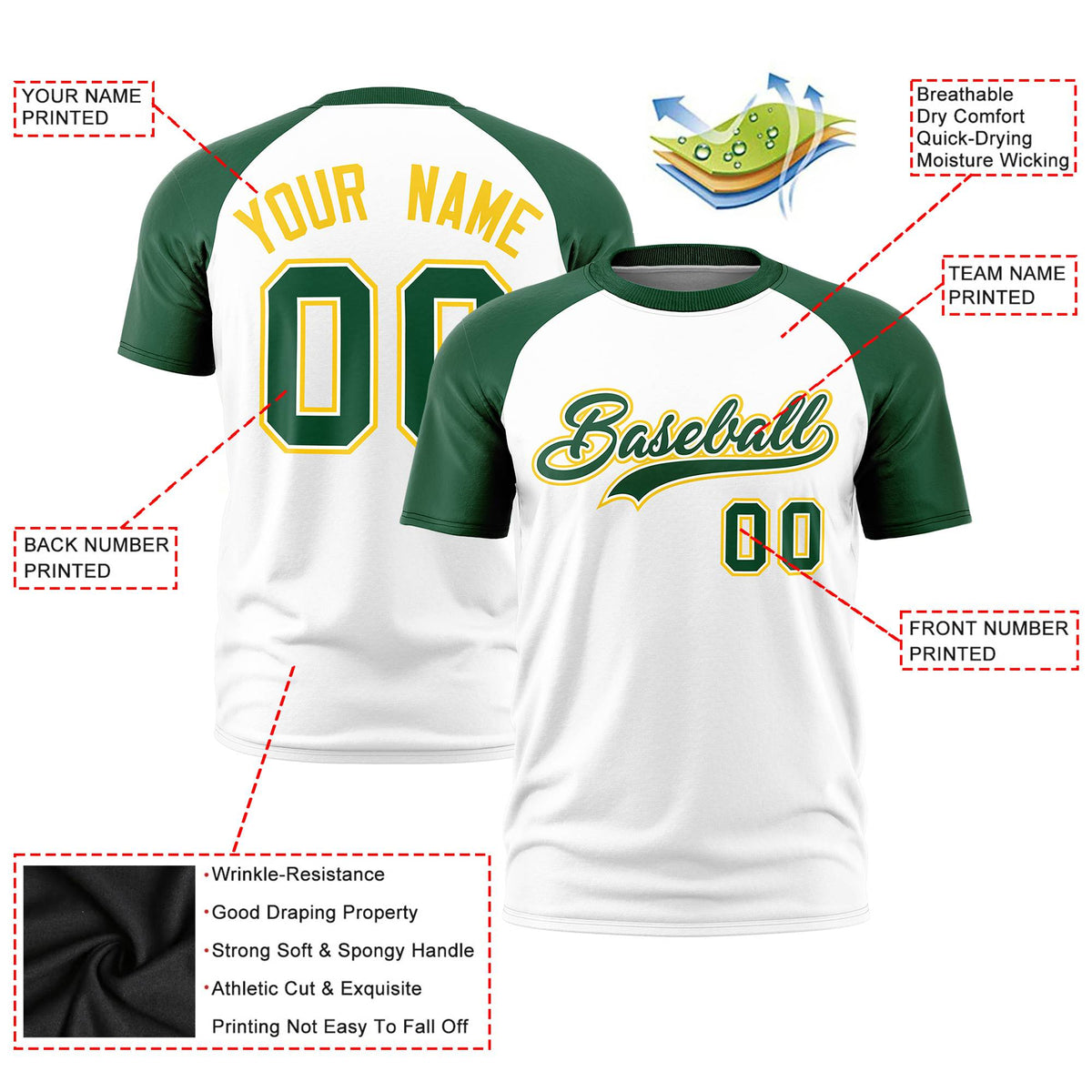 Custom White Green Raglan Sleeves Performance T-Shirt