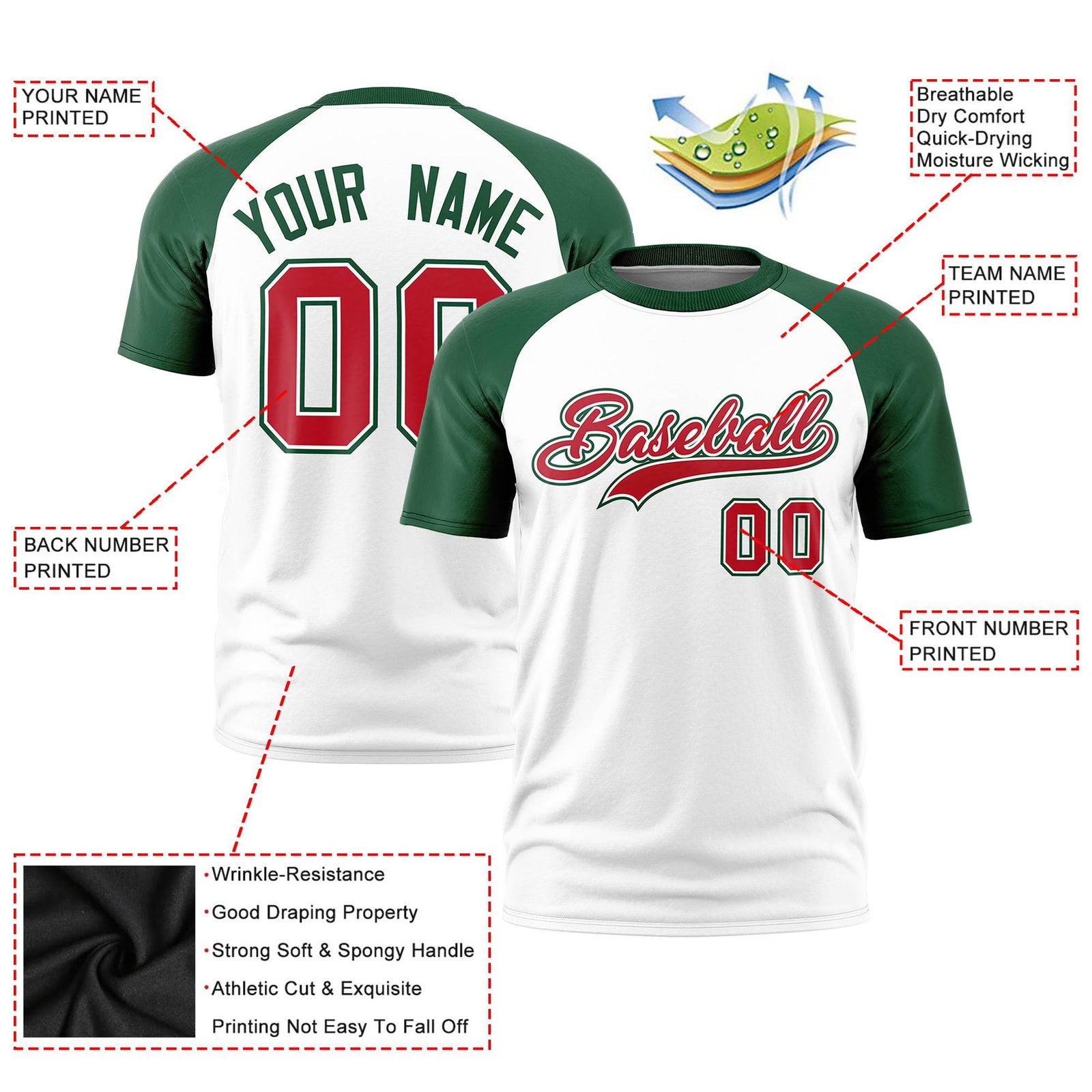 Custom White Green Raglan Sleeves Performance T-Shirt