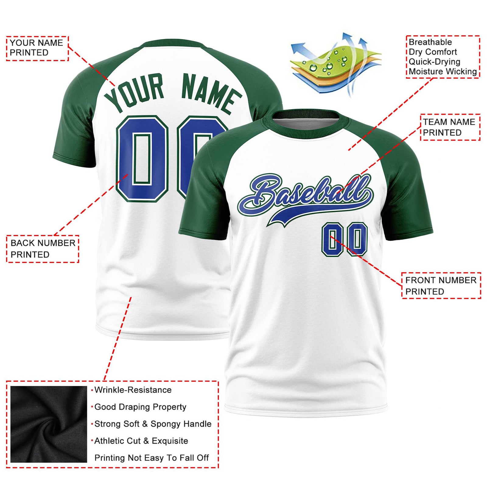 Custom White Green Raglan Sleeves Performance T-Shirt