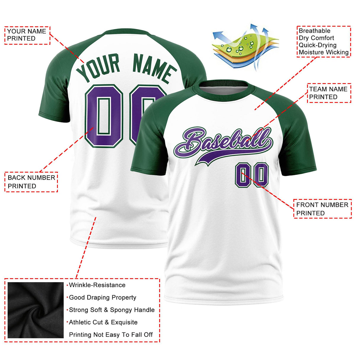 Custom White Green Raglan Sleeves Performance T-Shirt