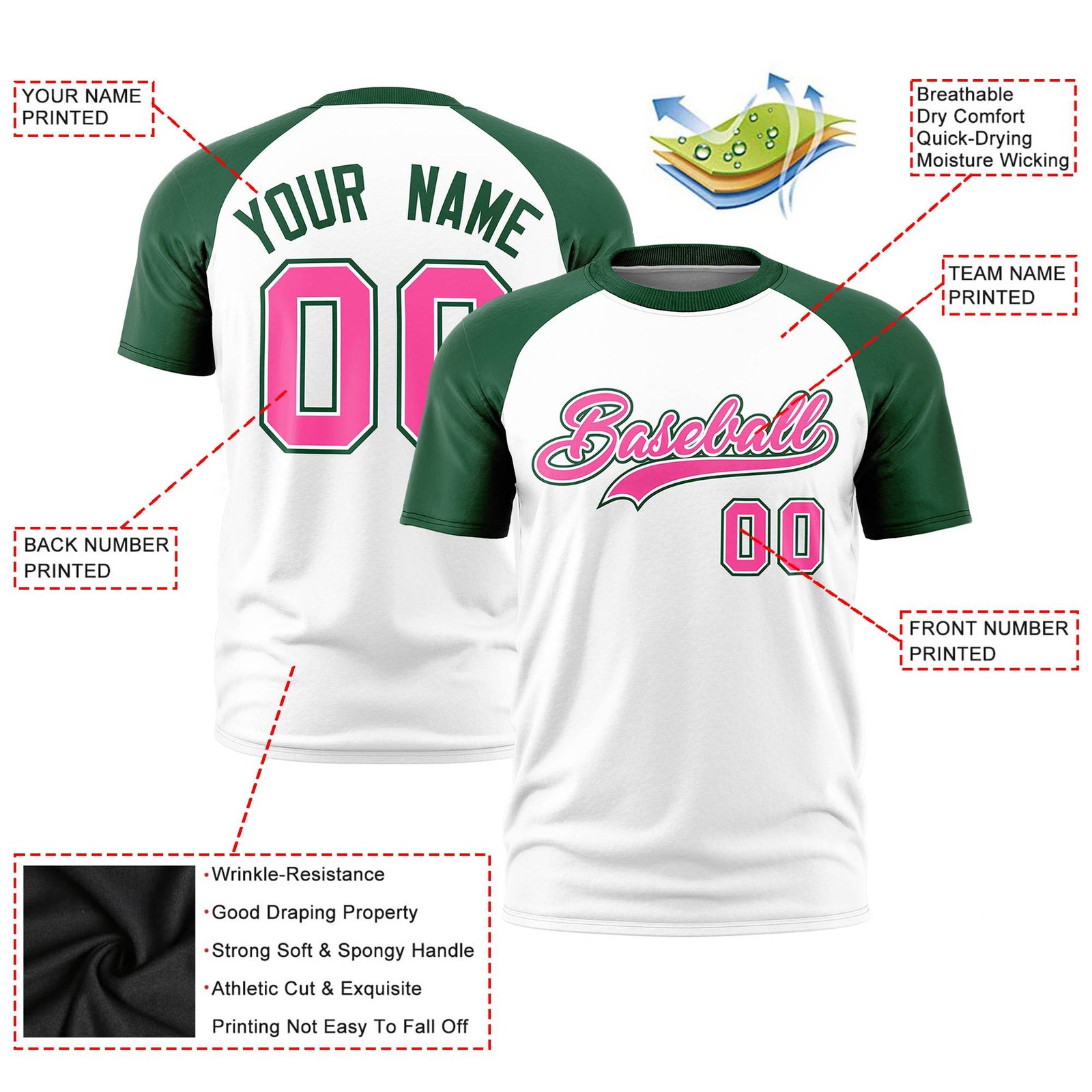 Custom White Green Raglan Sleeves Performance T-Shirt