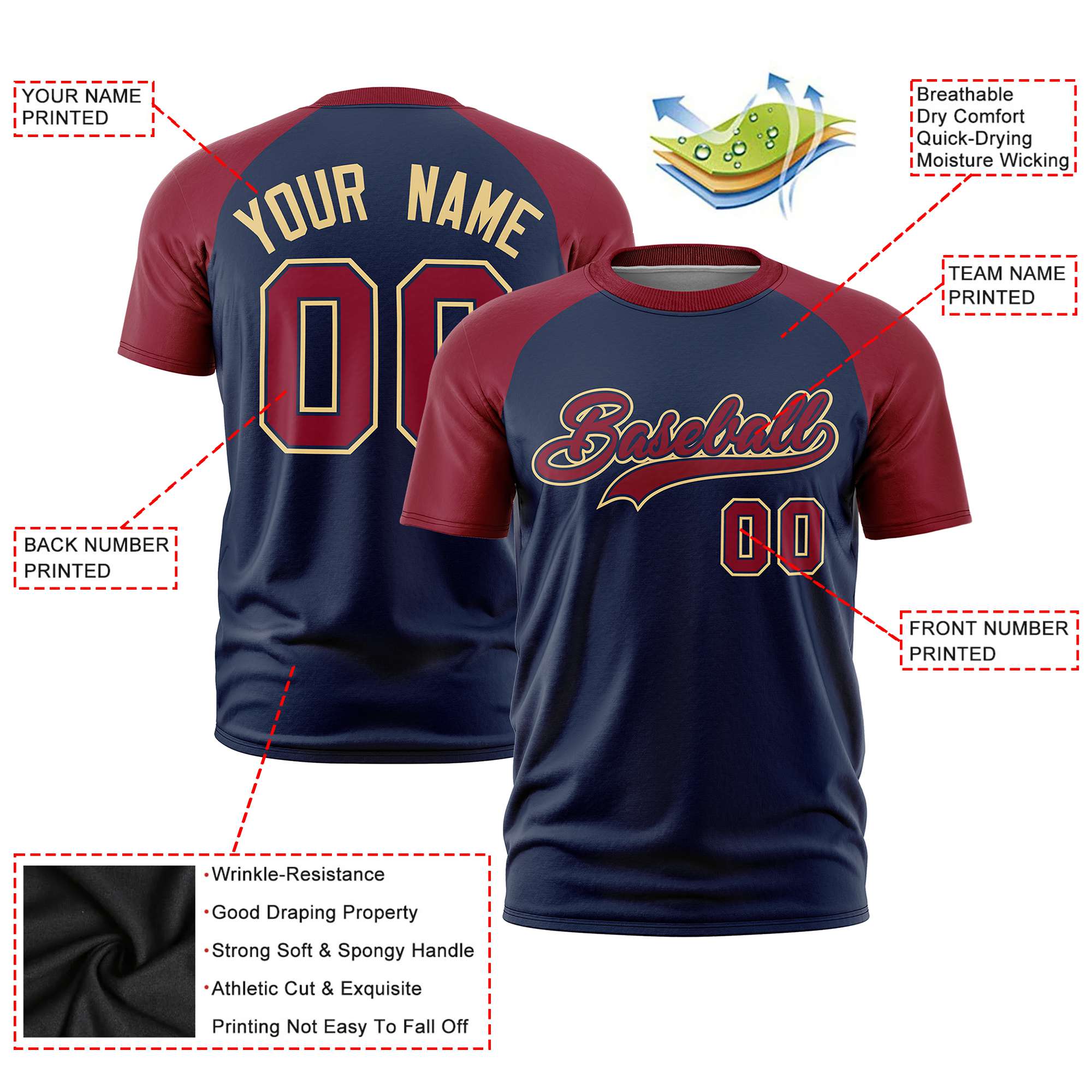 Custom Navy Crimson Raglan Sleeves Performance T-Shirt