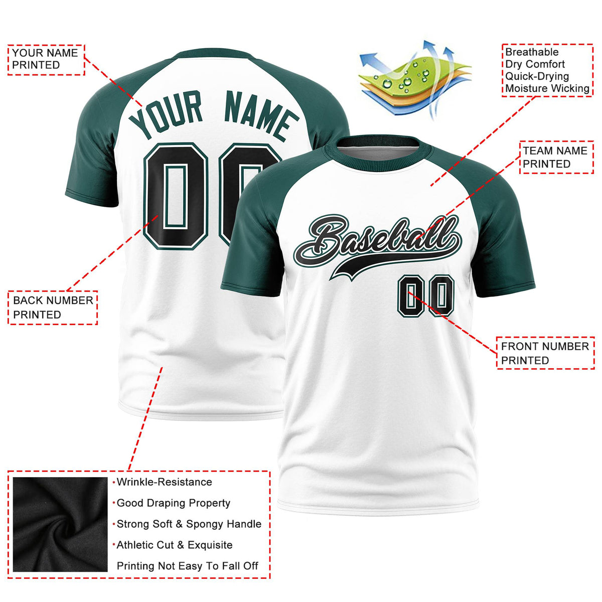 Custom White Midnight Green Raglan Sleeves Performance T-Shirt