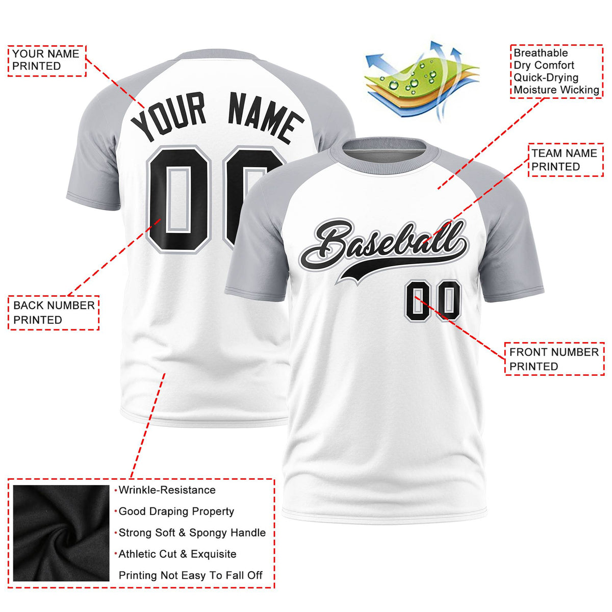 Custom White Gray Raglan Sleeves Performance T-Shirt