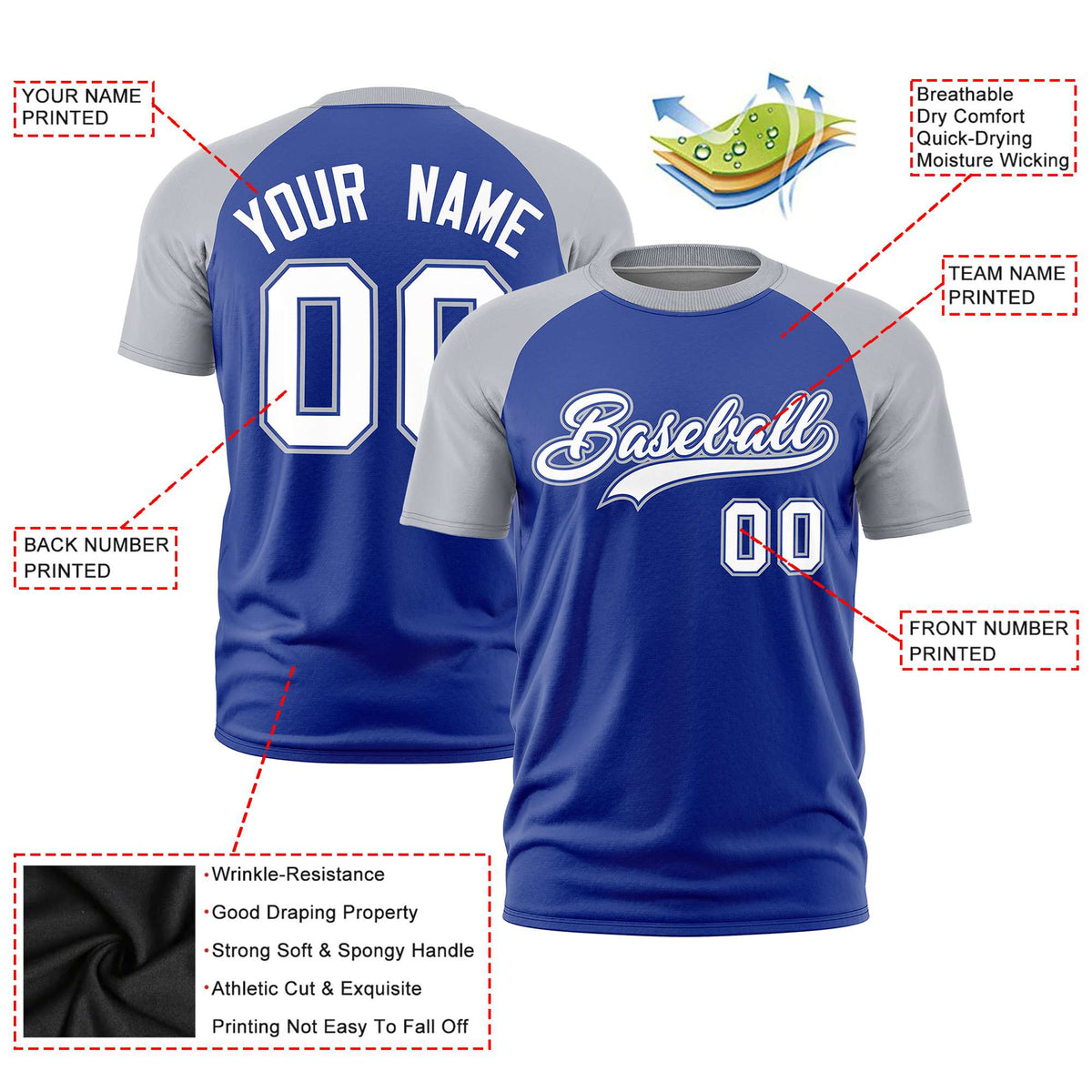 Custom Royal Blue Gray Raglan Sleeves Performance T-Shirt