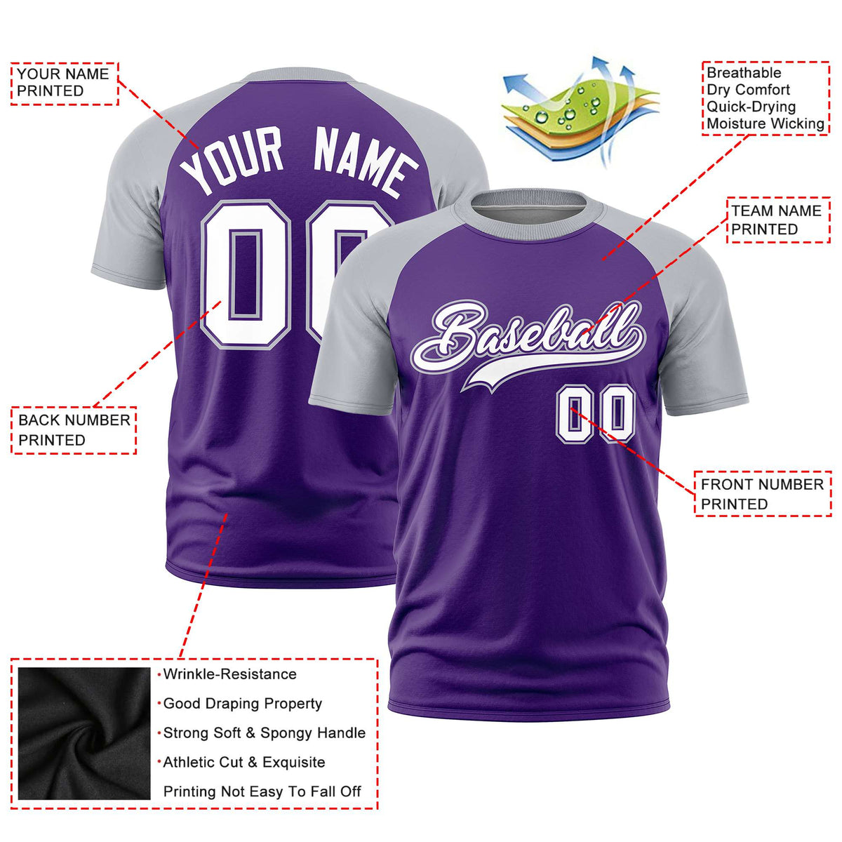 Custom Purple Gray Raglan Sleeves Performance T-Shirt