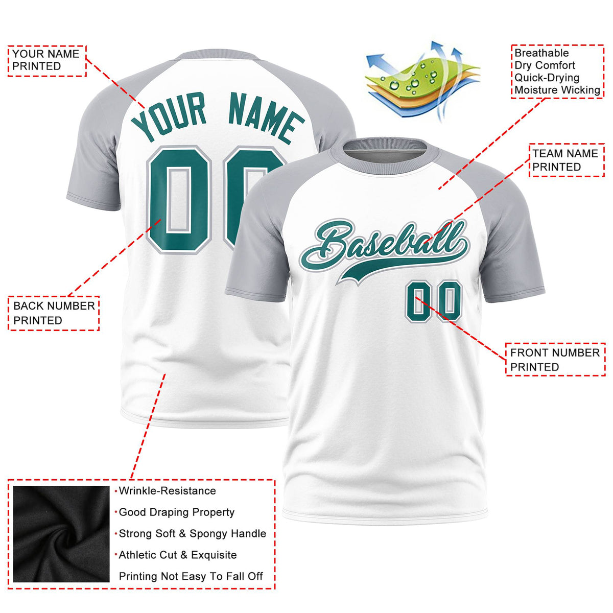 Custom White Gray Raglan Sleeves Performance T-Shirt