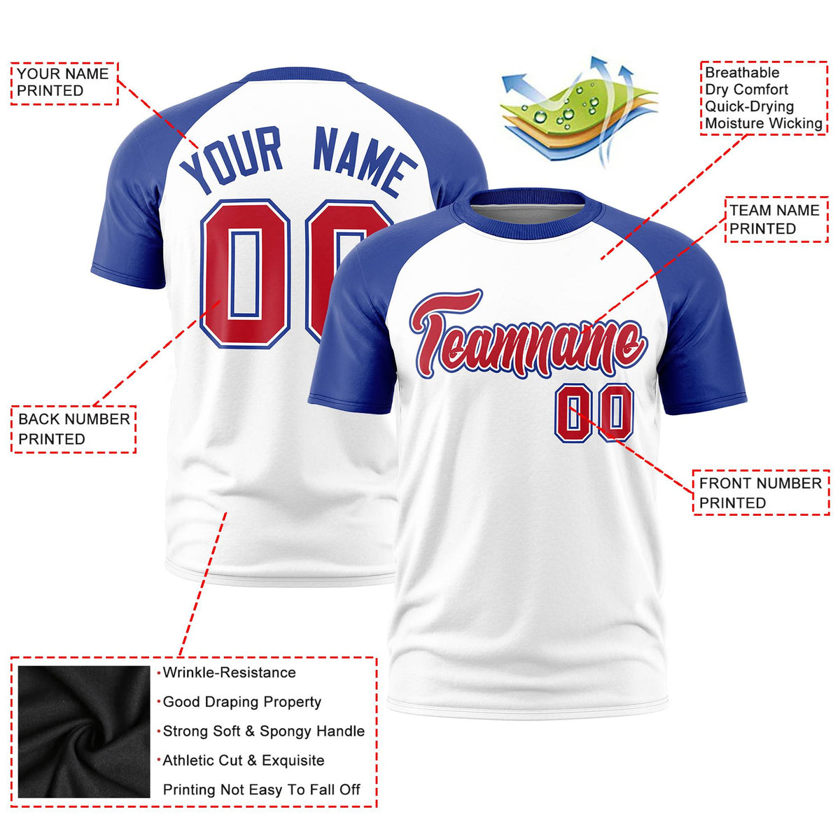 Custom White Royal Blue Raglan Sleeves Performance T-Shirt