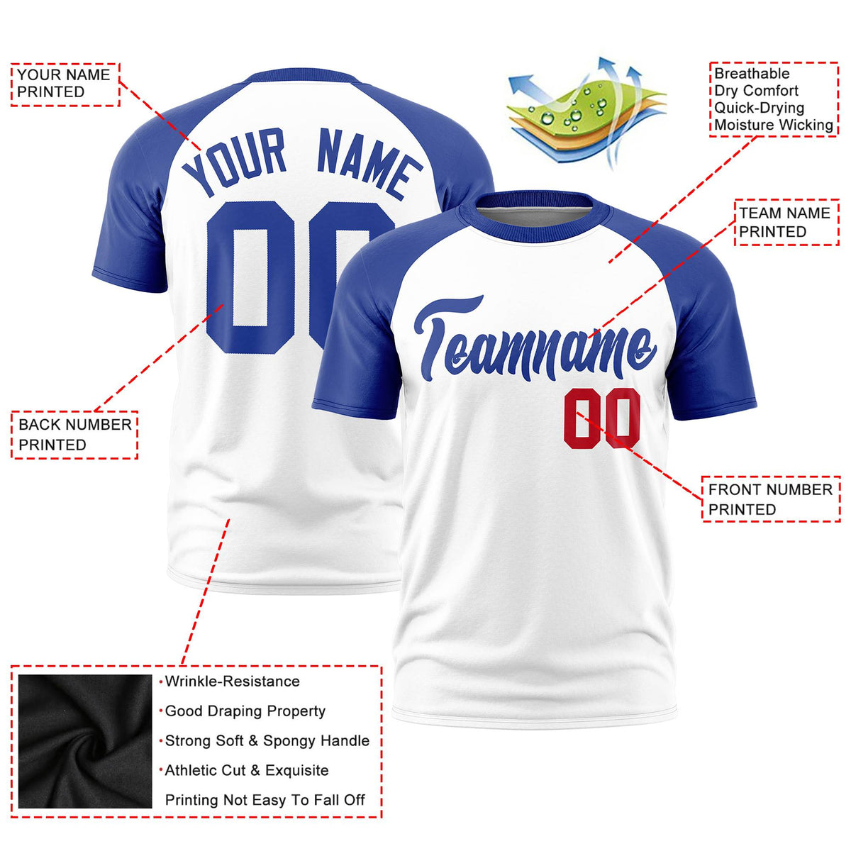 Custom White Royal Blue Raglan Sleeves Performance T-Shirt