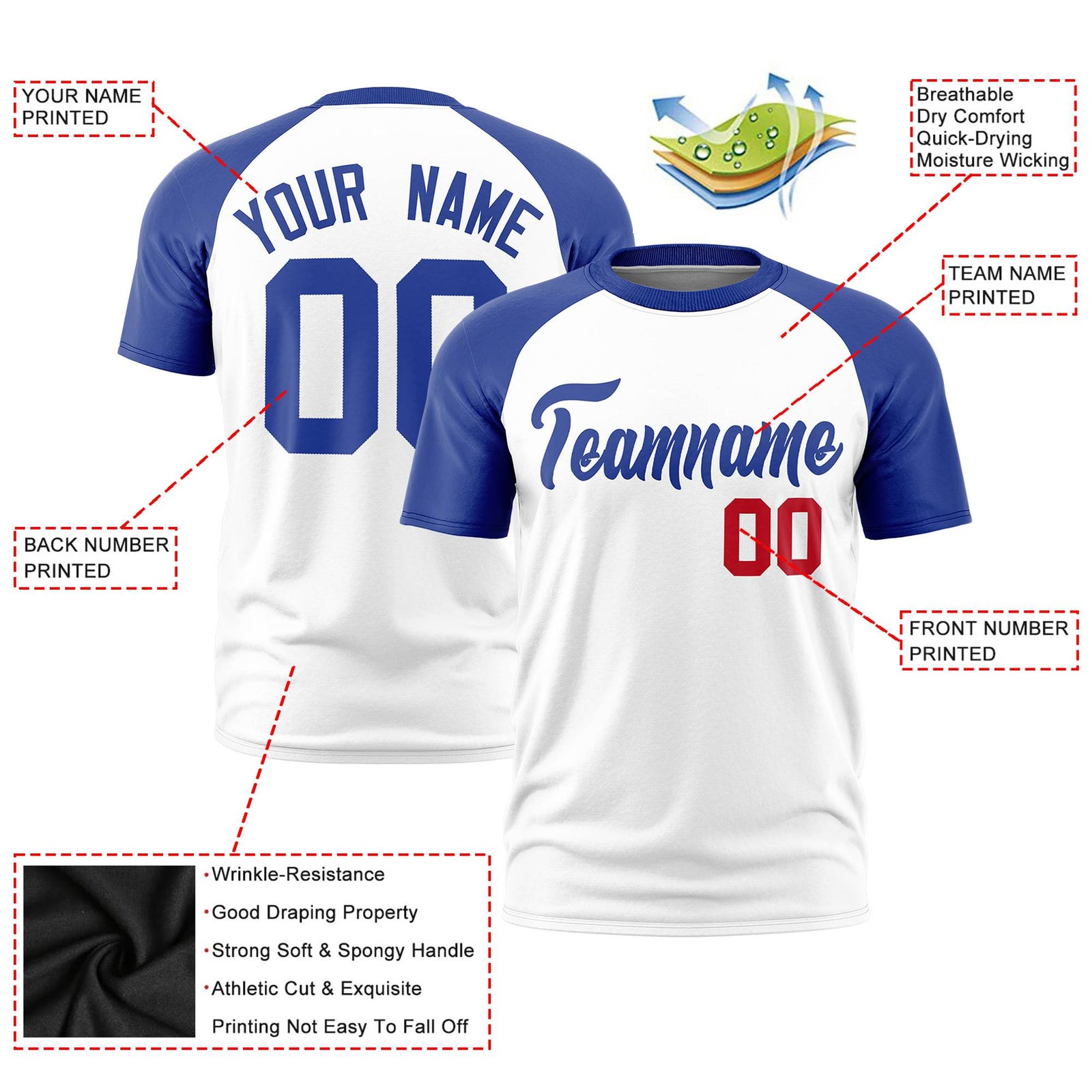 Custom White Royal Blue Raglan Sleeves Performance T-Shirt