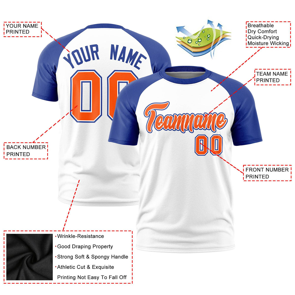 Custom White Royal Blue Raglan Sleeves Performance T-Shirt