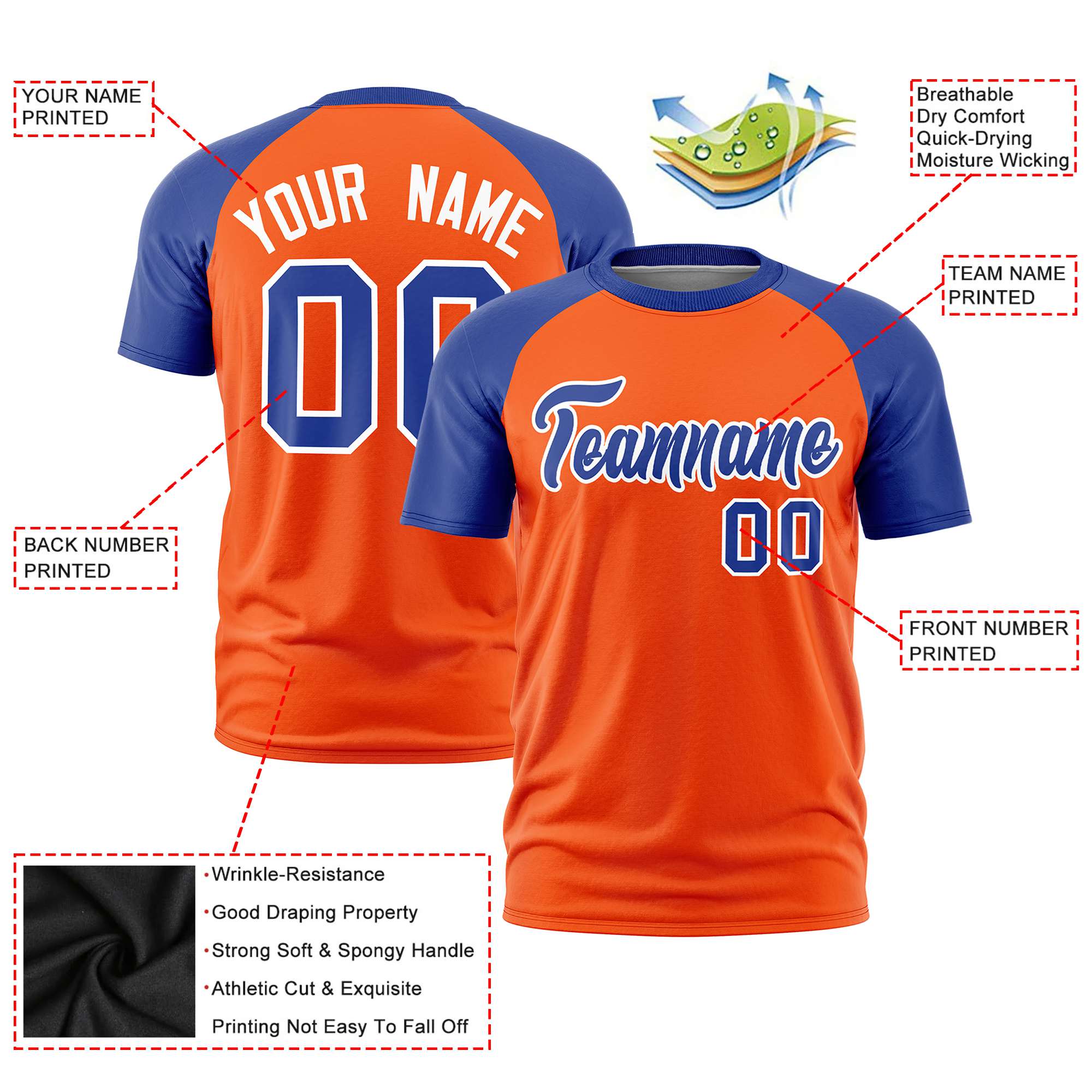 Custom Orange Royal Blue Raglan Sleeves Performance T-Shirt