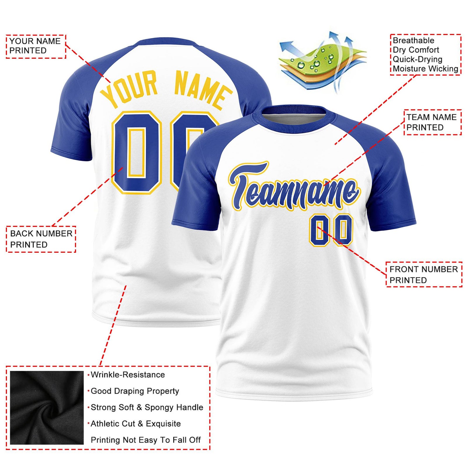 Custom White Royal Blue Raglan Sleeves Performance T-Shirt
