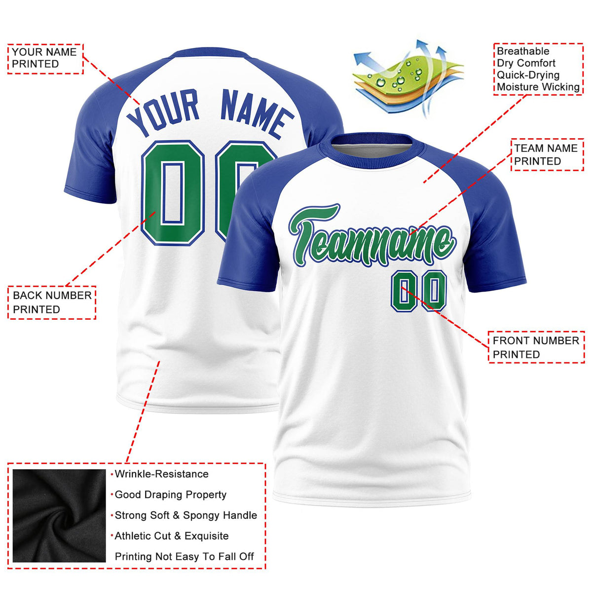 Custom White Royal Blue Raglan Sleeves Performance T-Shirt