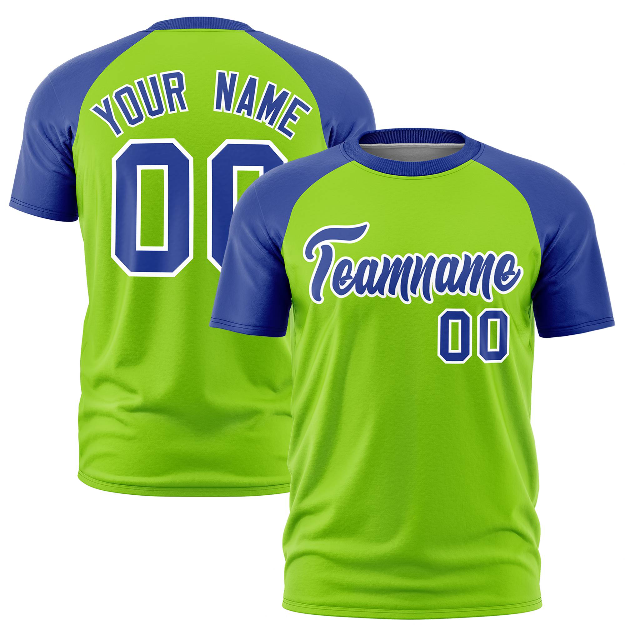 Custom Neon Green-Royal Blue Raglan Sleeves Performance T-Shirt