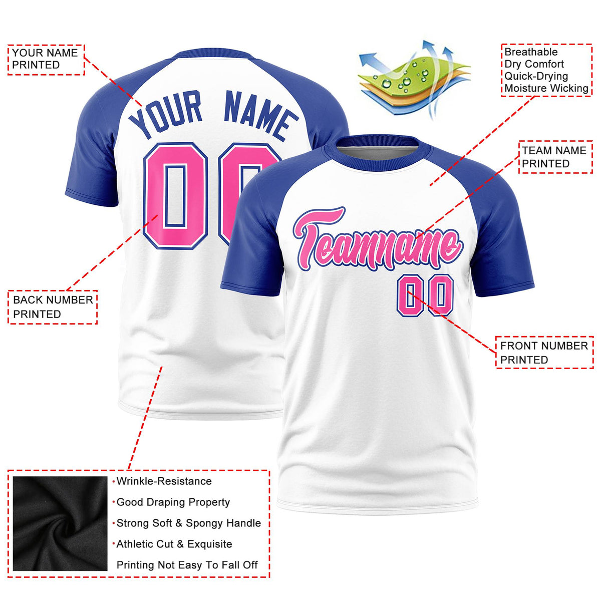 Custom White Royal Blue Raglan Sleeves Performance T-Shirt