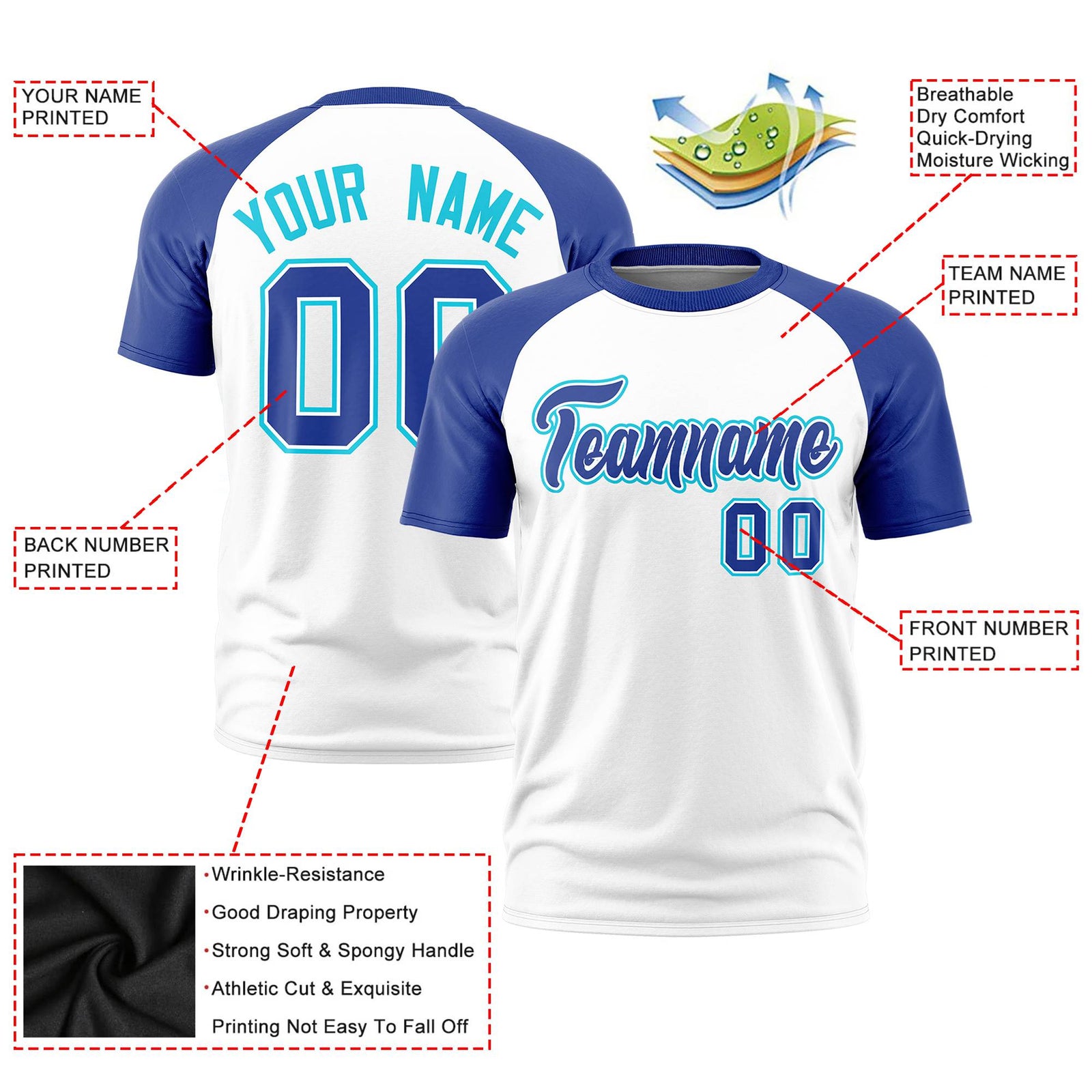 Custom White Royal Blue Raglan Sleeves Performance T-Shirt