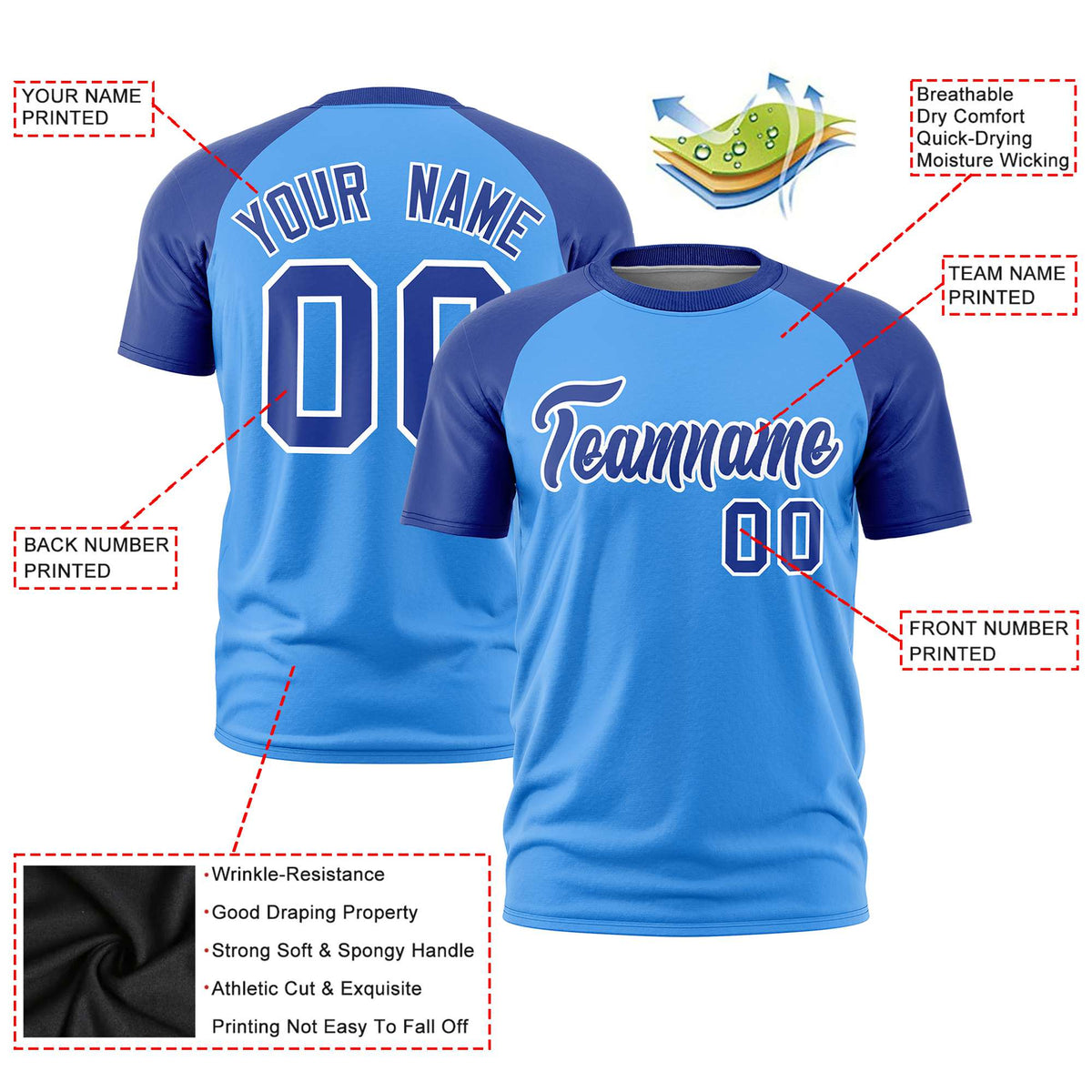 Custom Powder Blue-Royal Blue Raglan Sleeves Performance T-Shirt