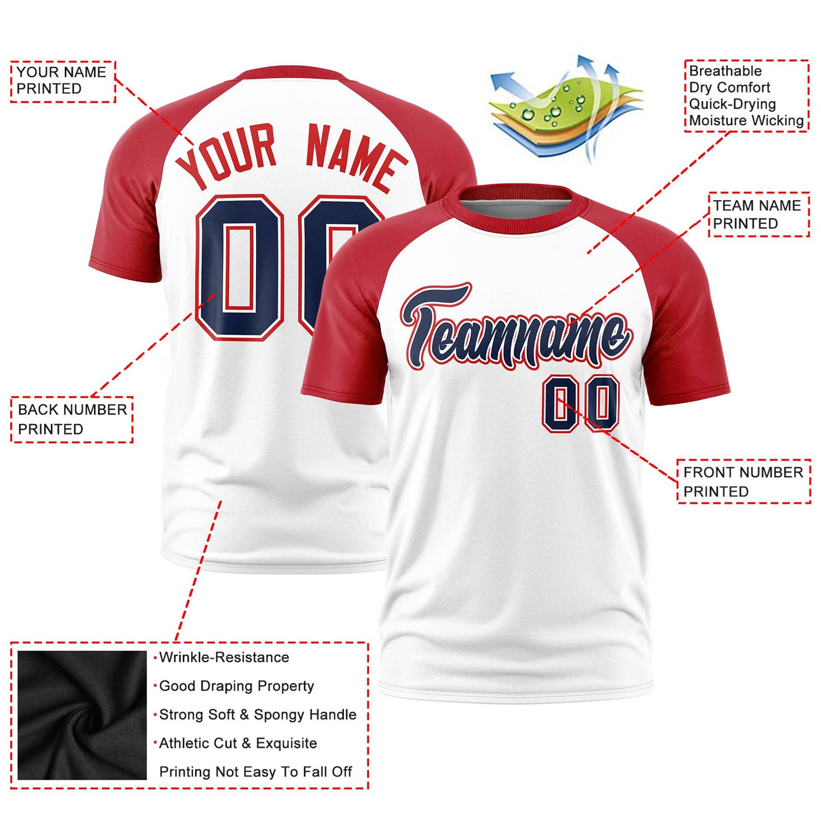 Custom White Red Raglan Sleeves Performance T-Shirt