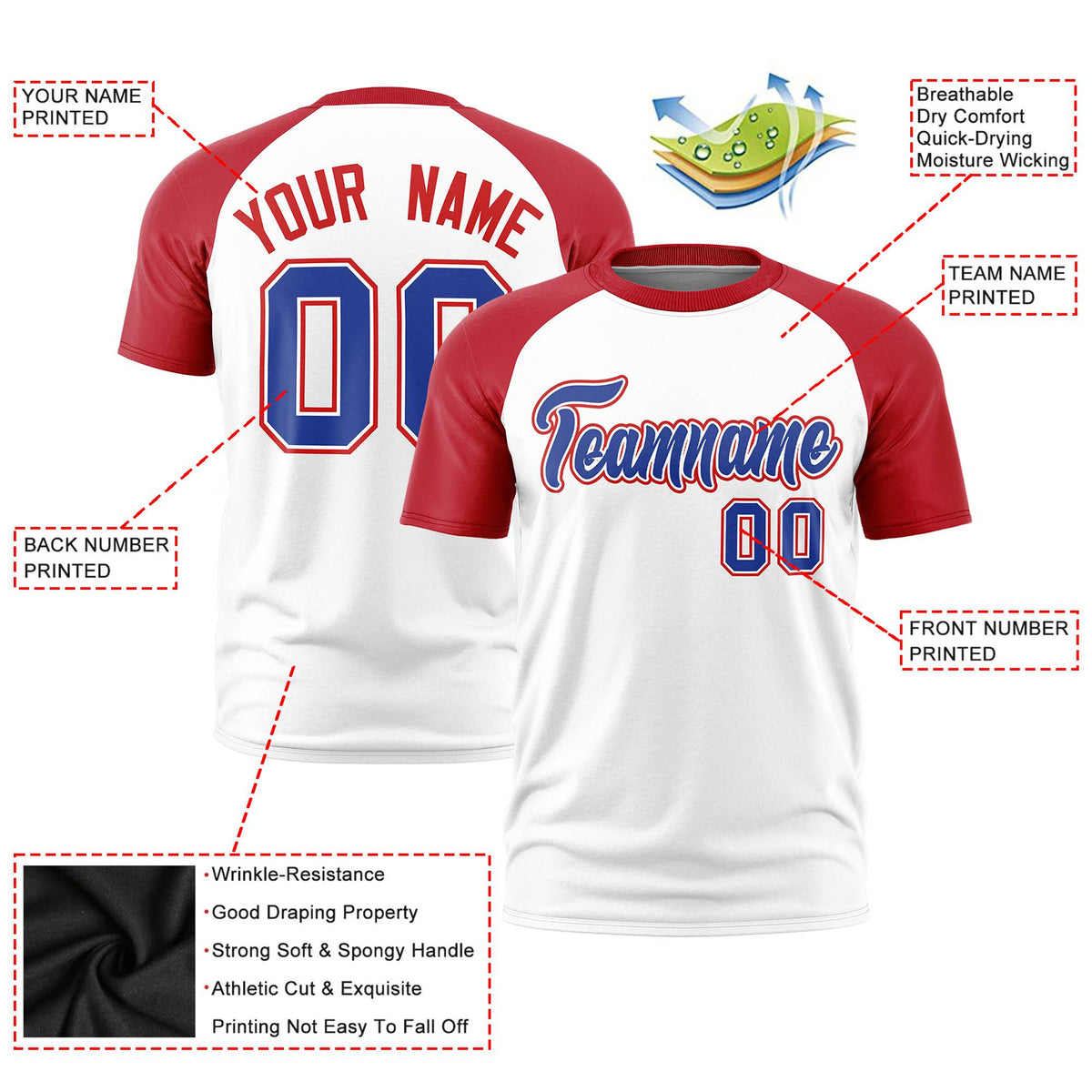 Custom White Red Raglan Sleeves Performance T-Shirt