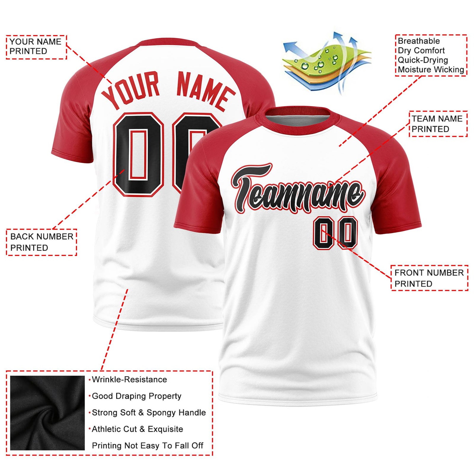 Custom White Red Raglan Sleeves Performance T-Shirt
