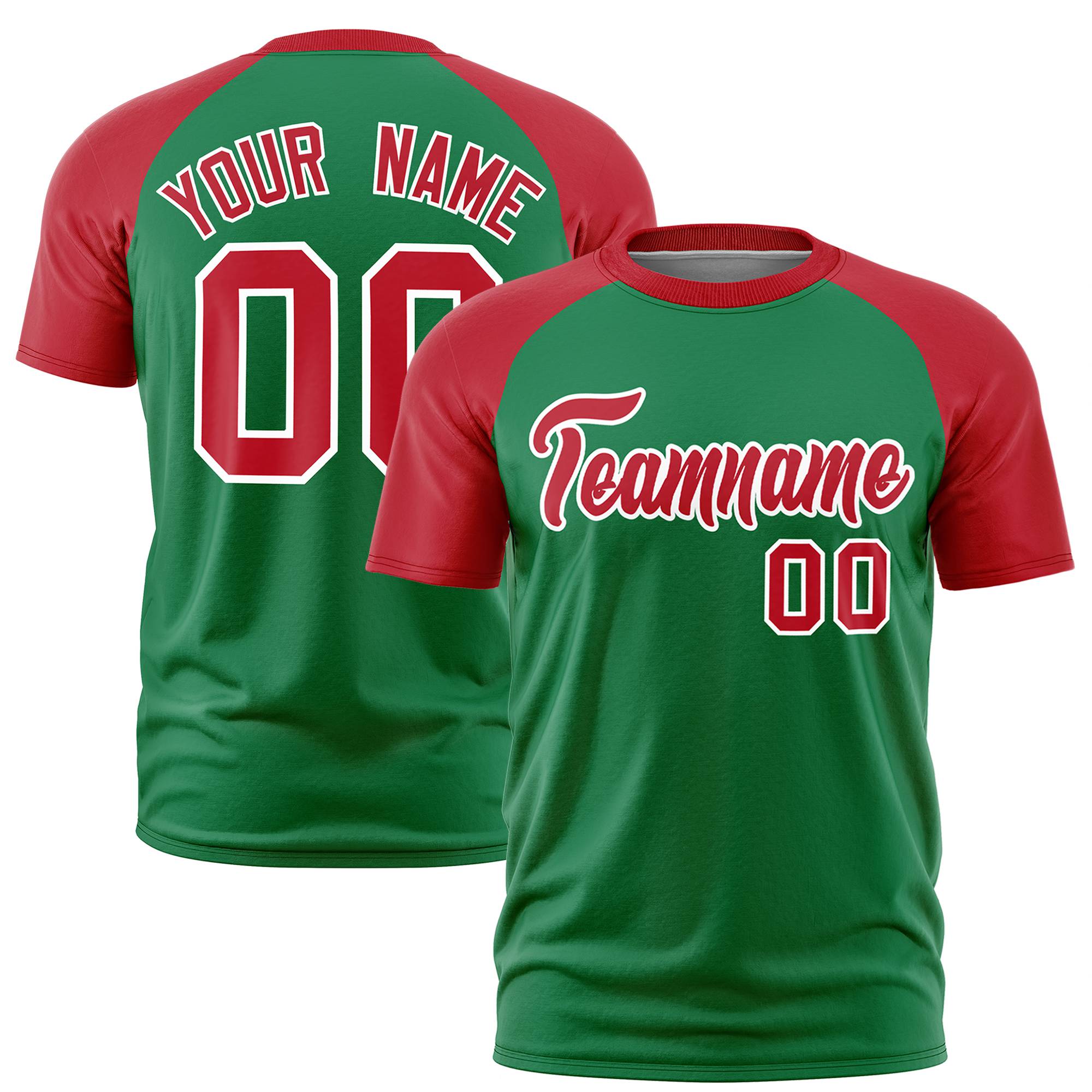 Custom Kelly Green Red Raglan Sleeves Performance T-Shirt