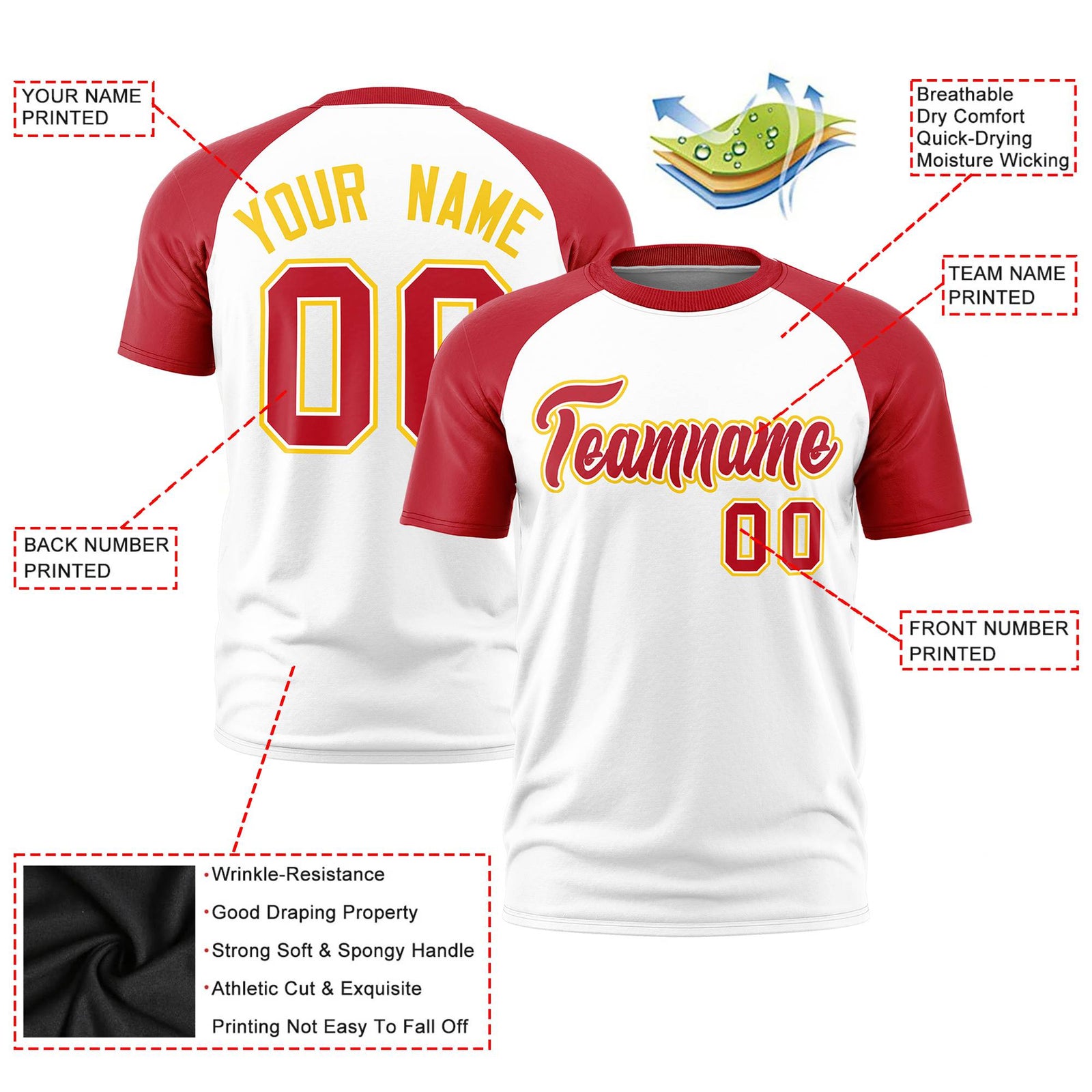 Custom White Red Raglan Sleeves Performance T-Shirt