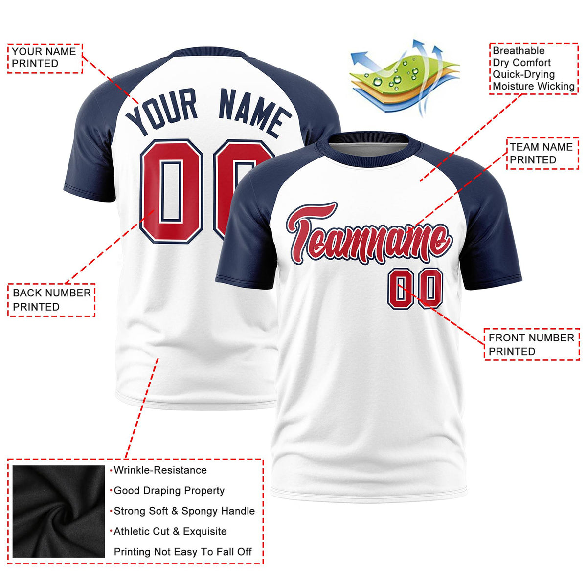 Custom White Navy Raglan Sleeves Performance T-Shirt