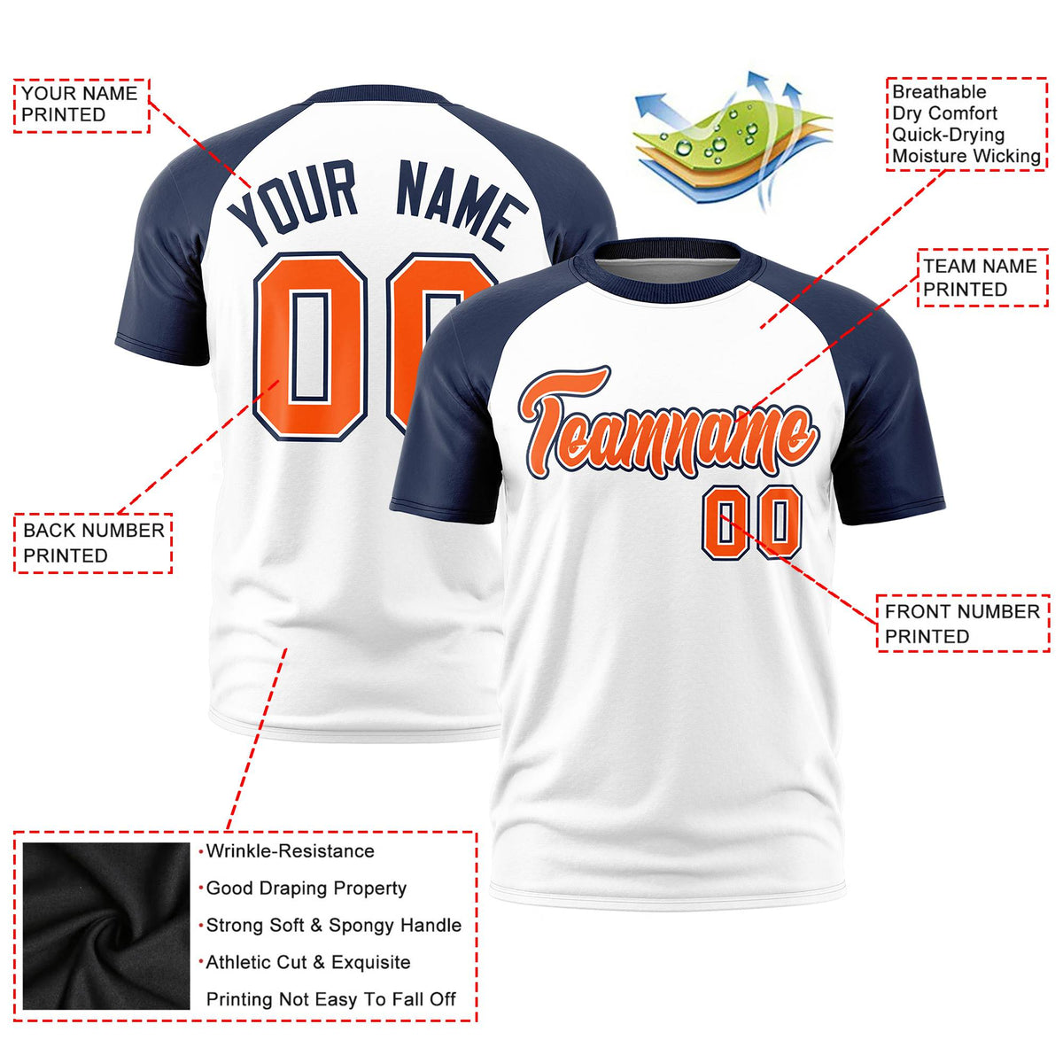 Custom White Navy Raglan Sleeves Performance T-Shirt